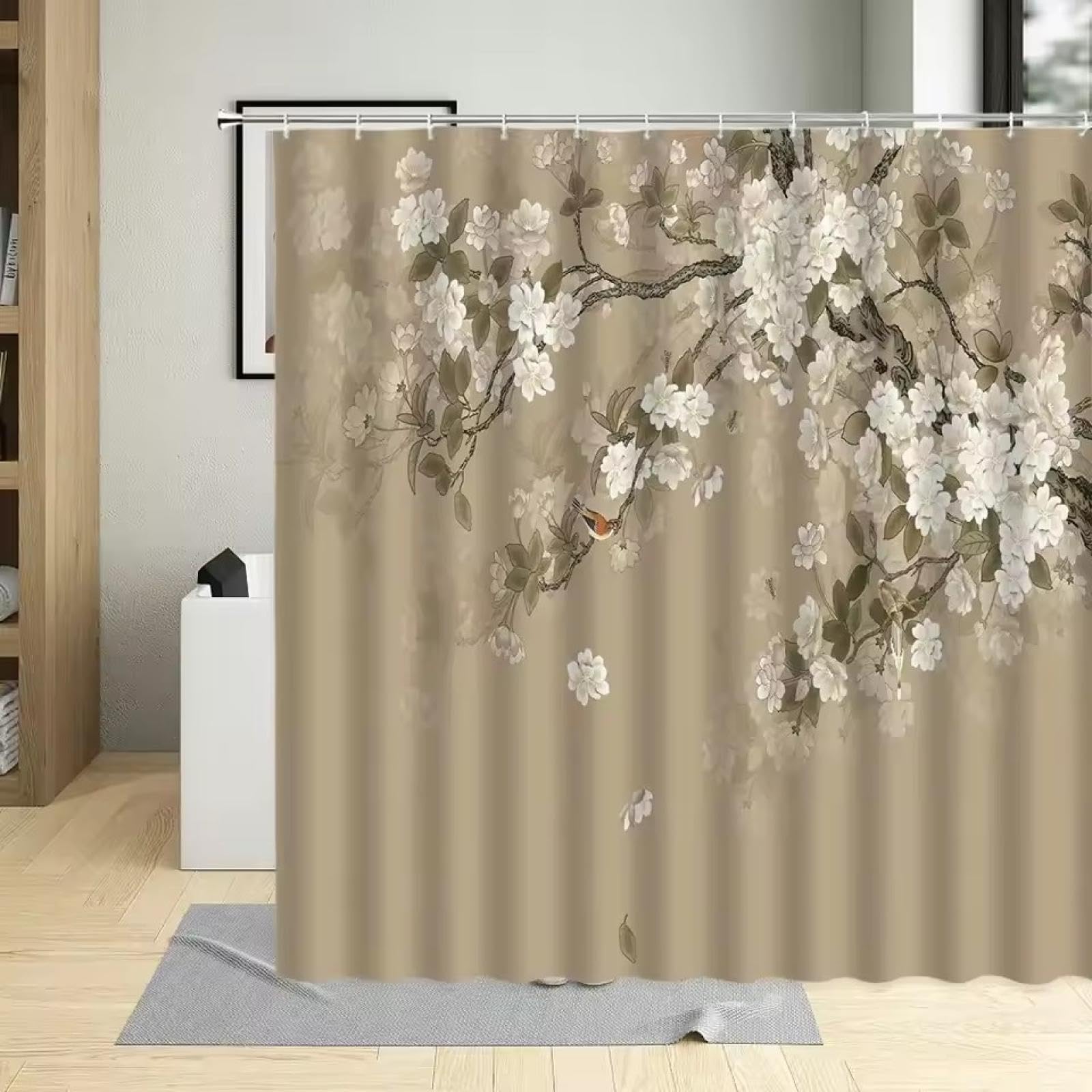Rideau de douche vintage motif cerisier en tissu polyester imperméable 90x185 pour salle de bain