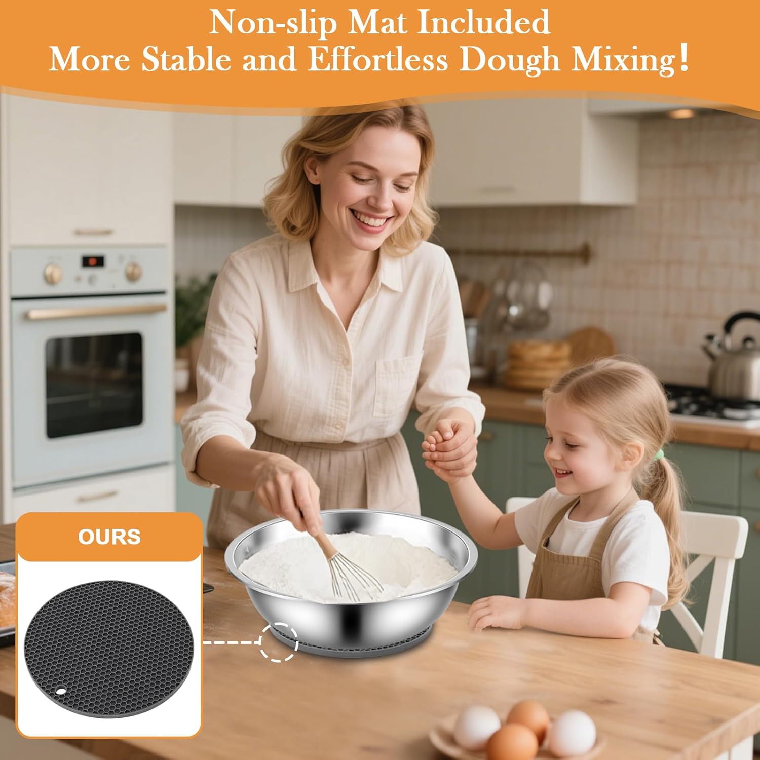 6 Pcs Large Mixing Bowl,Large Stainless Steel Mixing Bowls for Baking,Salad,Dough,Meal Prep,Dishwasher Safe,Metal Mixing Bowl with Non-slip Mat,13 inch 8QT