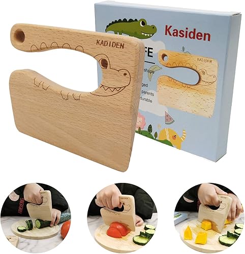 Kasiden Cuchillo de madera para niños, juego de 29 cuchillos seguros para niños, bordes dentados, cuchillos de cocina, cortador de verduras y frutas
