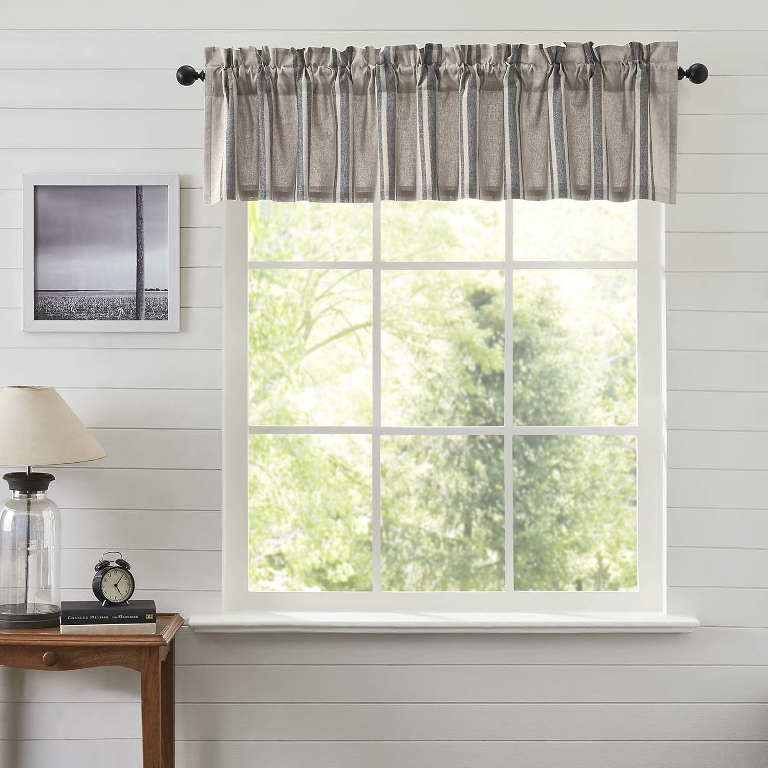 VHC Brands Grain Sack Charcoal Black Stripe Farmhouse Kitchen Curtain Valance 16x90