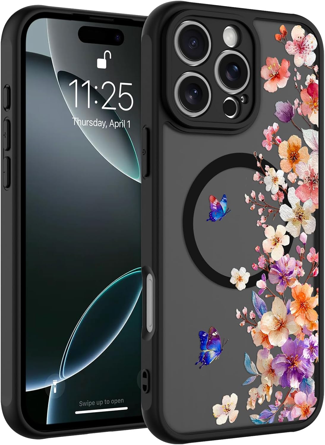 OOK Case for iPhone 16 Pro Max 6.9 Inch (Compatible with MagSafe) Butterfly Floral Flowers Design Translucent Phone Cover Soft TPU + Hard PC Anti-Scratch Shockproof Magnetic Cute Case for Women