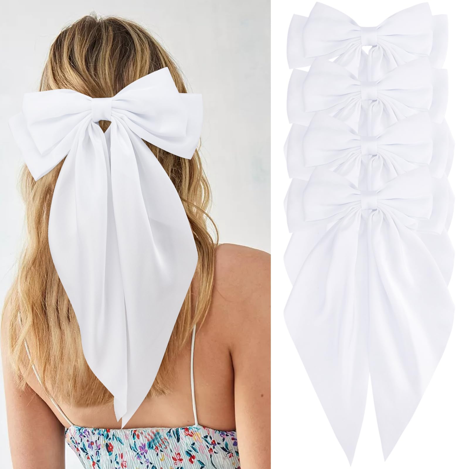 Velscrun Hair Bows for Women Girls 4Pcs White Silky Hair Bow Satin Large Coquette Bow Long Tail Big Hair Bows Clip Oversized Hair Ribbons Bow Hair