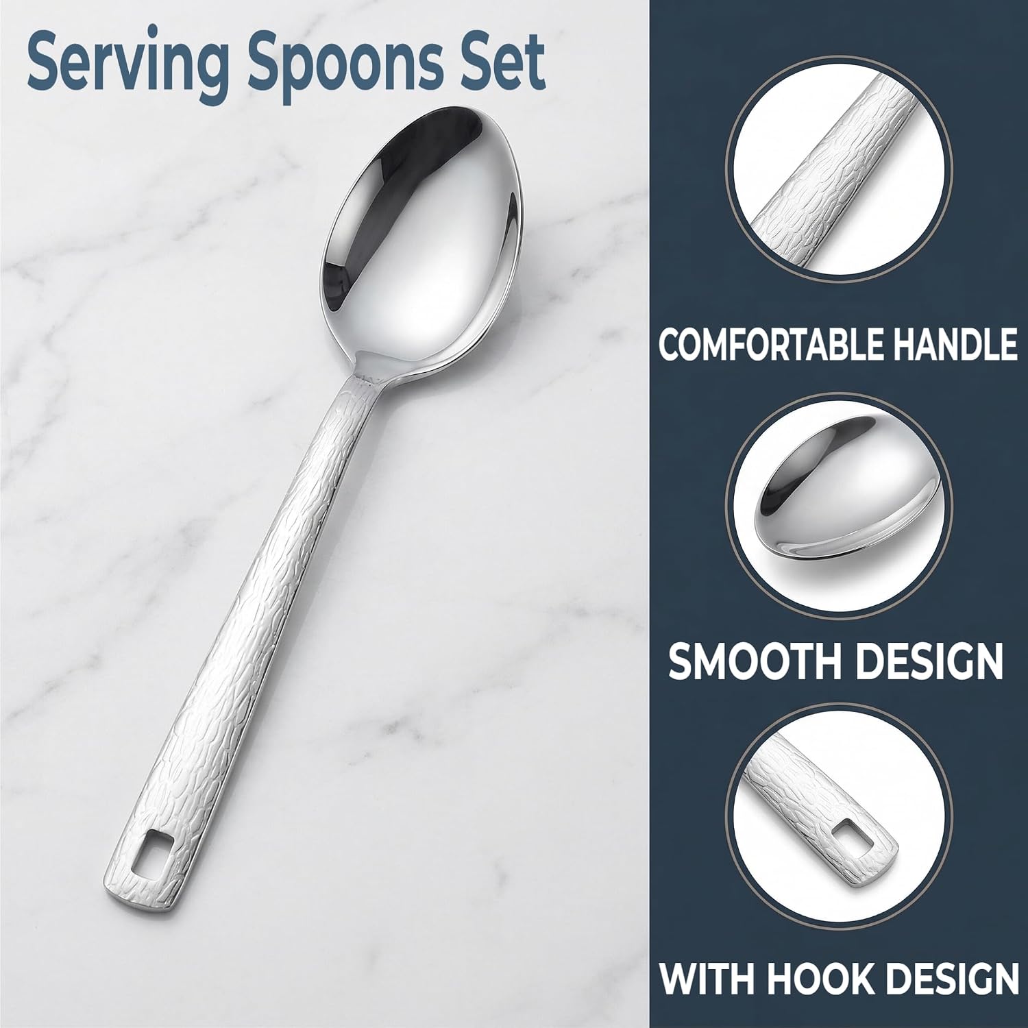 4 Pack Stainless Steel Serving Spoons, 12 Inch Large Buffet Serving Utensils, Heavy Duty 18/8 Metal Spoons with Textured Handle, Dishwasher Safe for Catering, Party, Kitchen