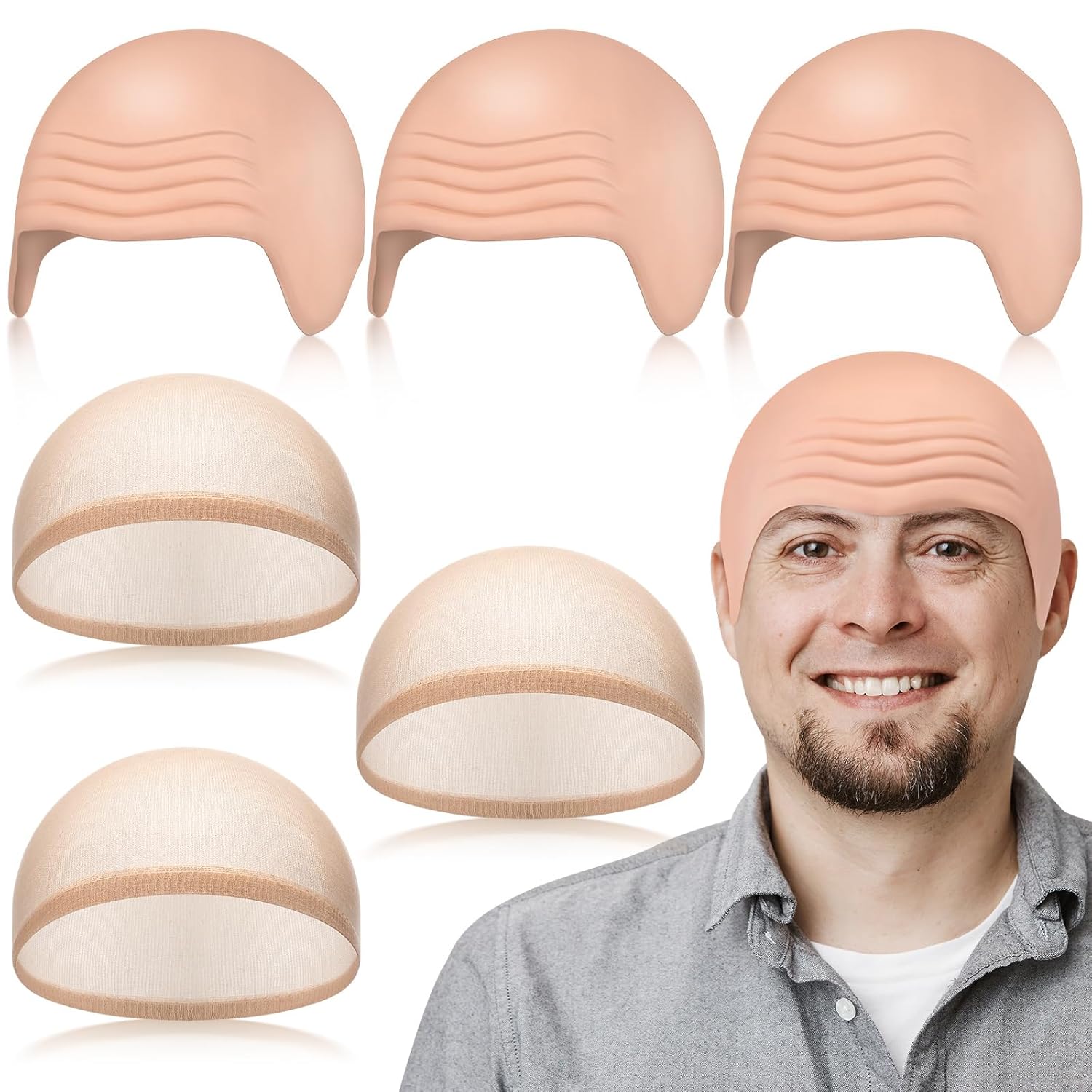 Wavwavw 6 Pcs Bald Caps for Men Women Makeup Latex Bald Head Wig Caps Balds Cosplay Costume Accessories for Adults Halloween(Dark Brown,Medium,Normal)
