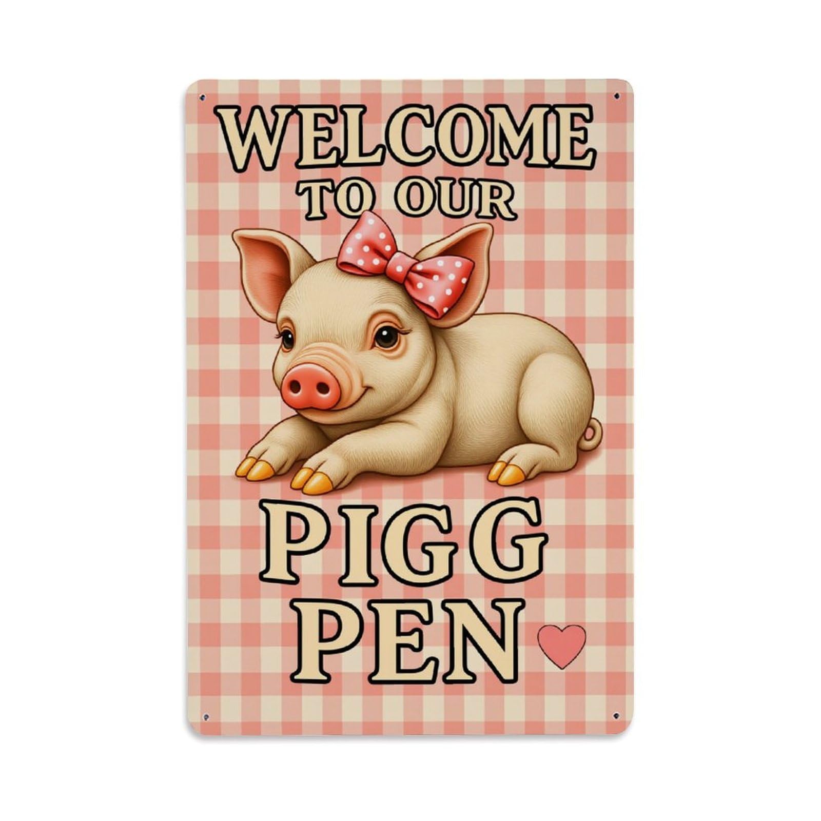 Jdyaojiesheng Vintage Pink Checkered Background Pig With Bow Tin Sign Retro Metal Wall Decor Metal Poster, Home Bar Garage Farmhouse Cafe Wall Art Decoration 8X12inches