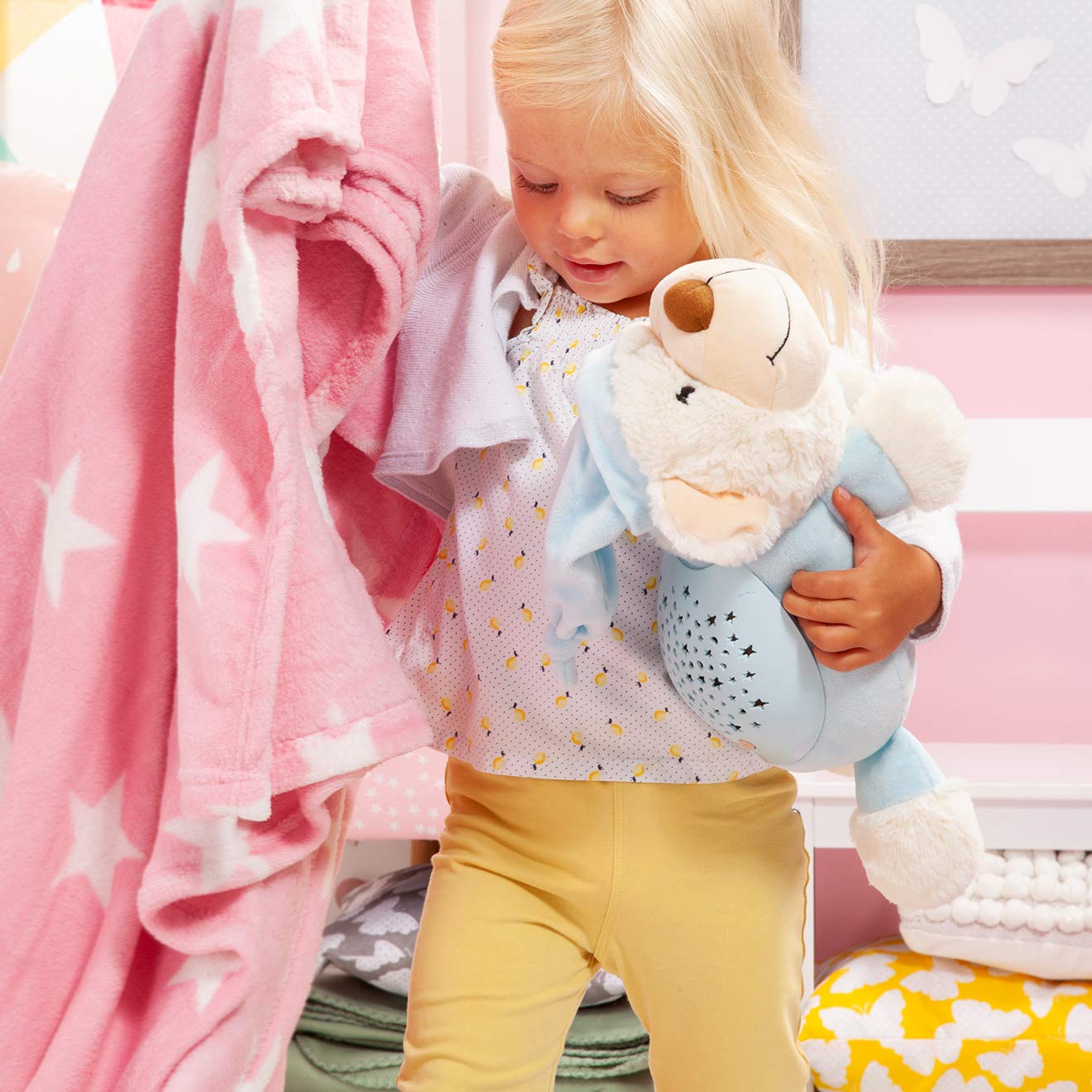 Bayer Design Einschlafhilfe, Schlummerlicht, Nachtlicht mit Sternenlicht, Bär Kuscheltier, Nachtlampe, Kinderlicht, Baby Kinder, blau