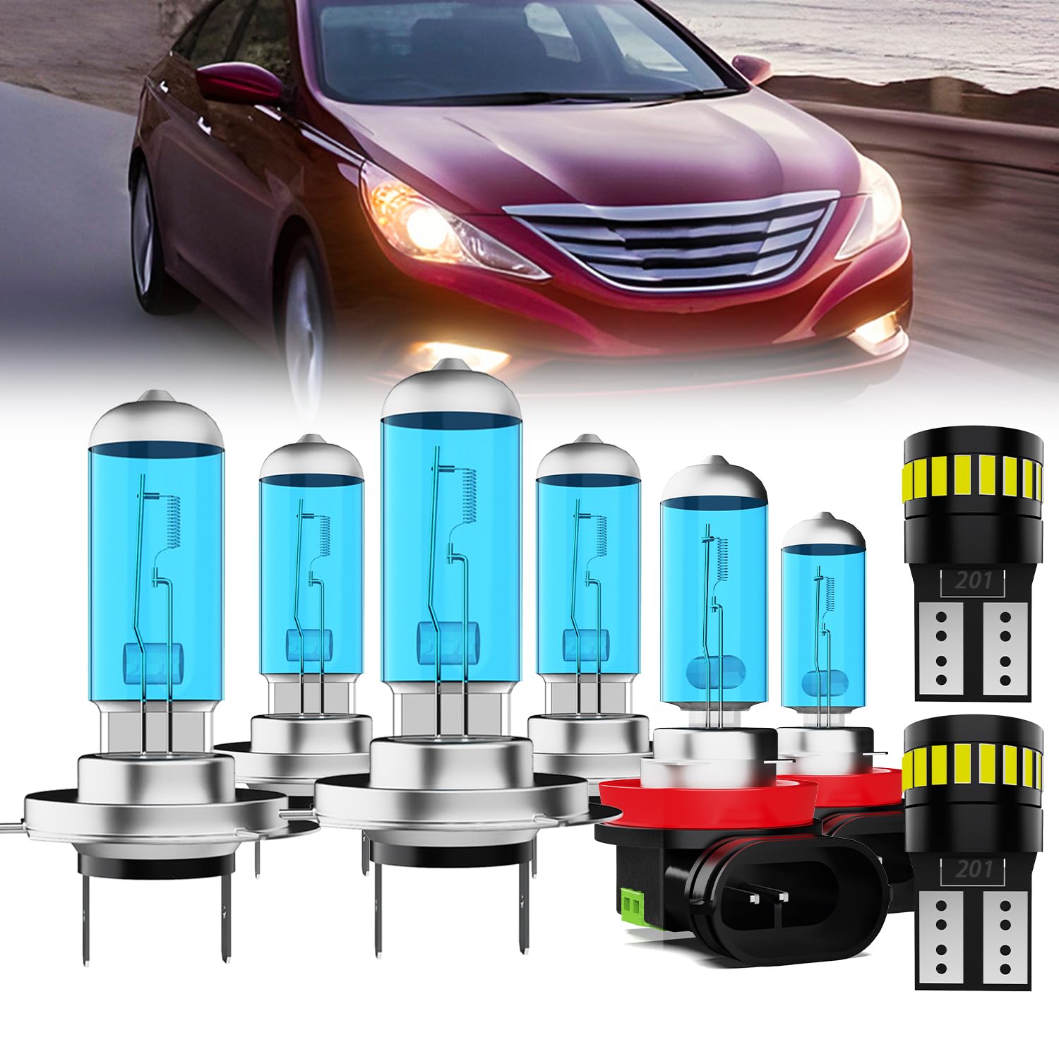Headlight Bulbs License Plate Lights Fit For Hyundai Sonata 2011-2014, H7 High Beam + H7 Low Beam + H11 Fog Lights Halogen Light Bulb + License Plate Lights, Pack of 8