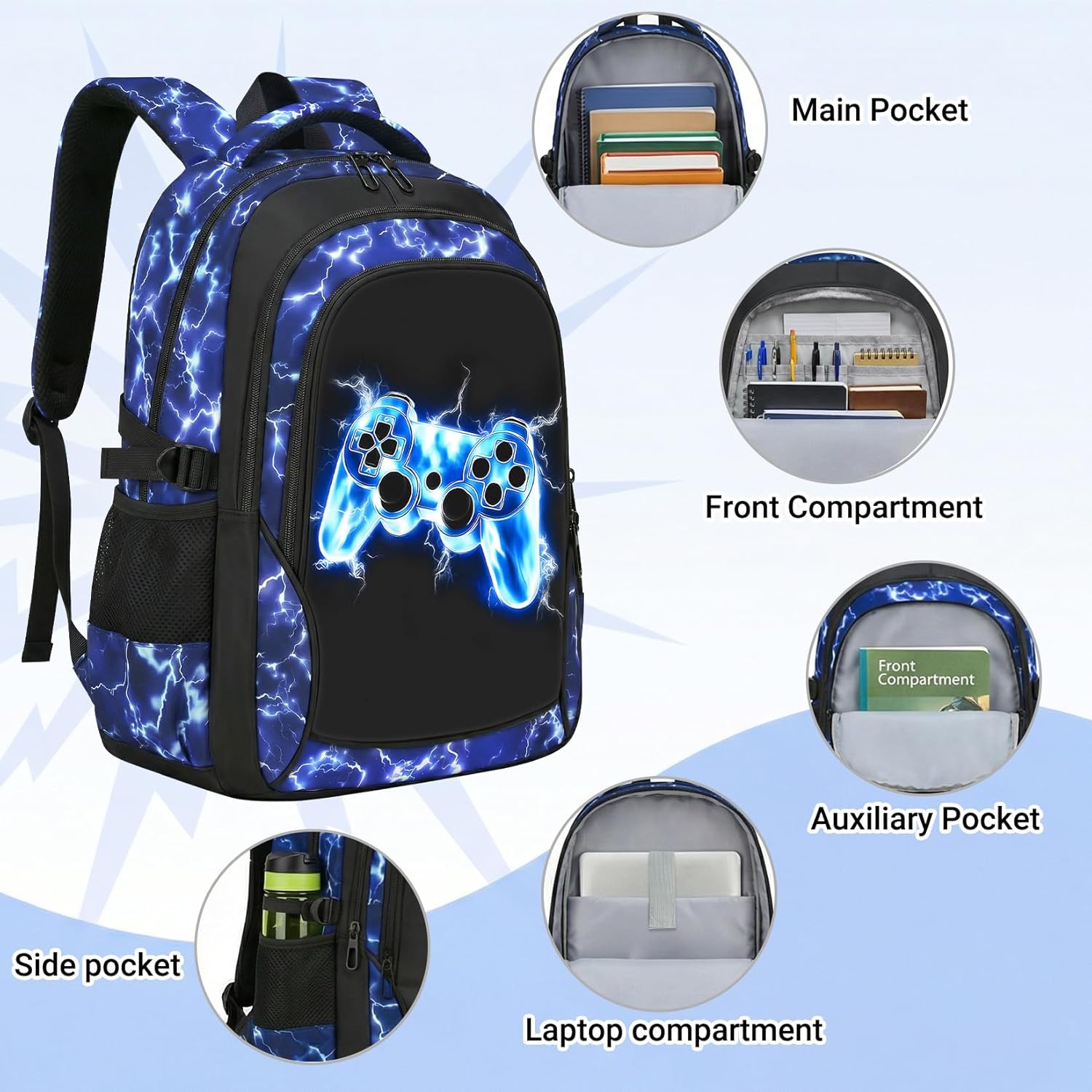 School Backpack for Boys - 4pcs Gamer Boys Backpack with Lunch Box Set for Kids Teens Elementary Middle School, 18" Large Capacity Waterproof Bookbag with Usb Charging Port, Daypack for age 6-18