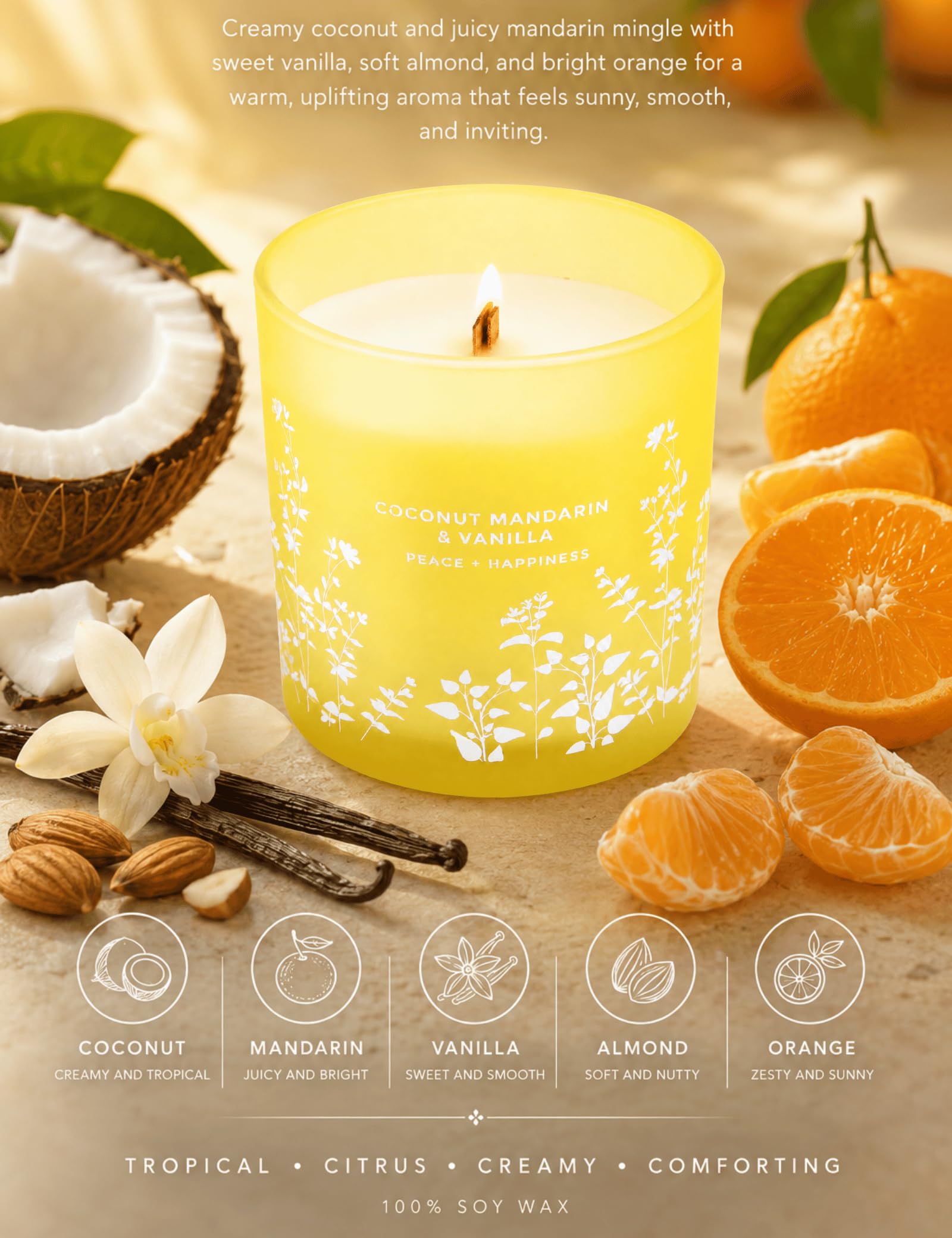 Coconut Mandarin Vanilla Soy Candle | Luksusowe świece zapachowe do domu | Duża świeca Wood Wick 300 ml | Relaksująca świeca aromaterapeutyczna prezent dla kobiet i mężczyzn