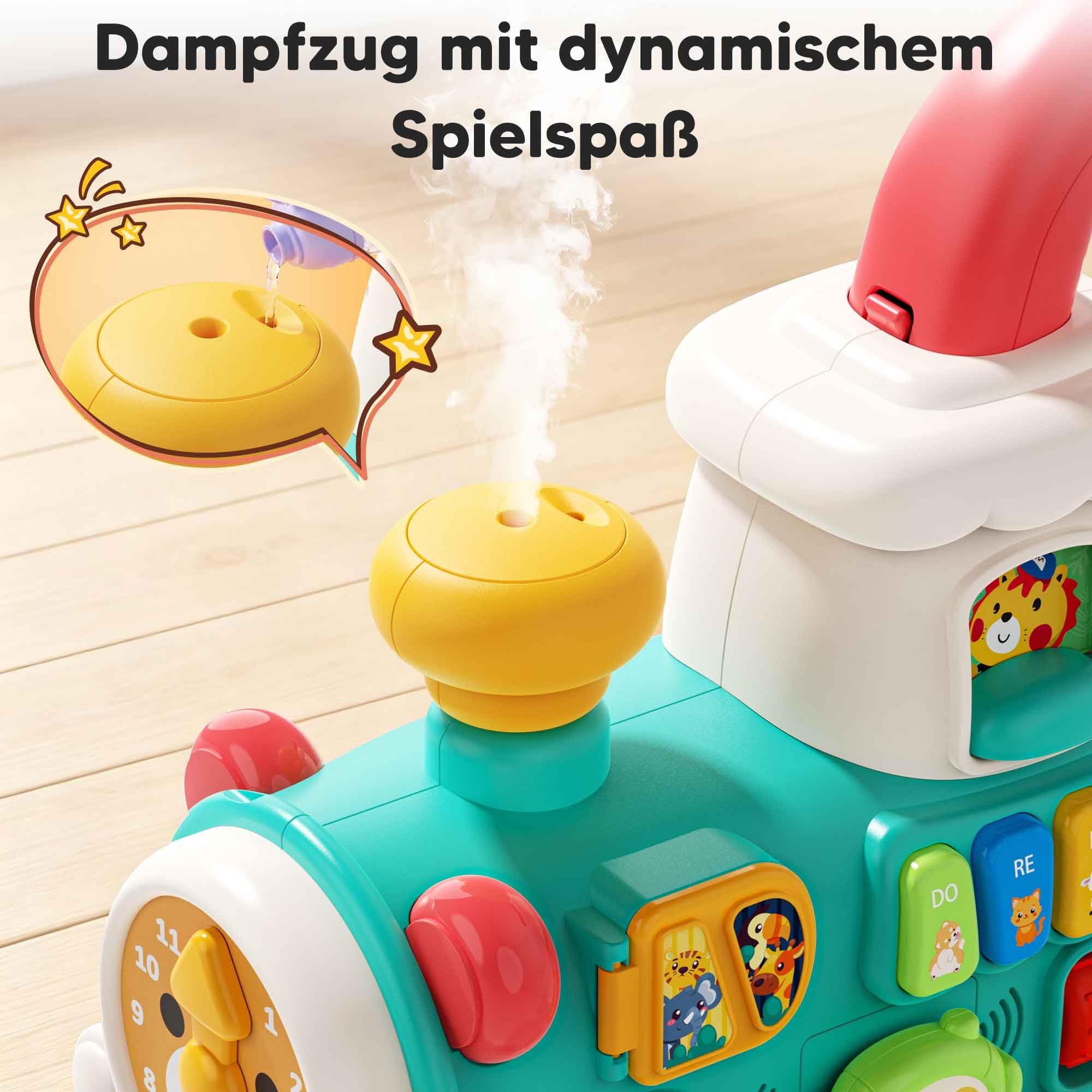 5in1 multifunktionaler Lauflernwagen ab 6 Monaten, Baby Walker Zug mit Aktivitätszentrum, Musik und Sprühfunktion, interaktive Lauflernhilfe, Schiebespielzeug, Motorik- und Lernspielzeug