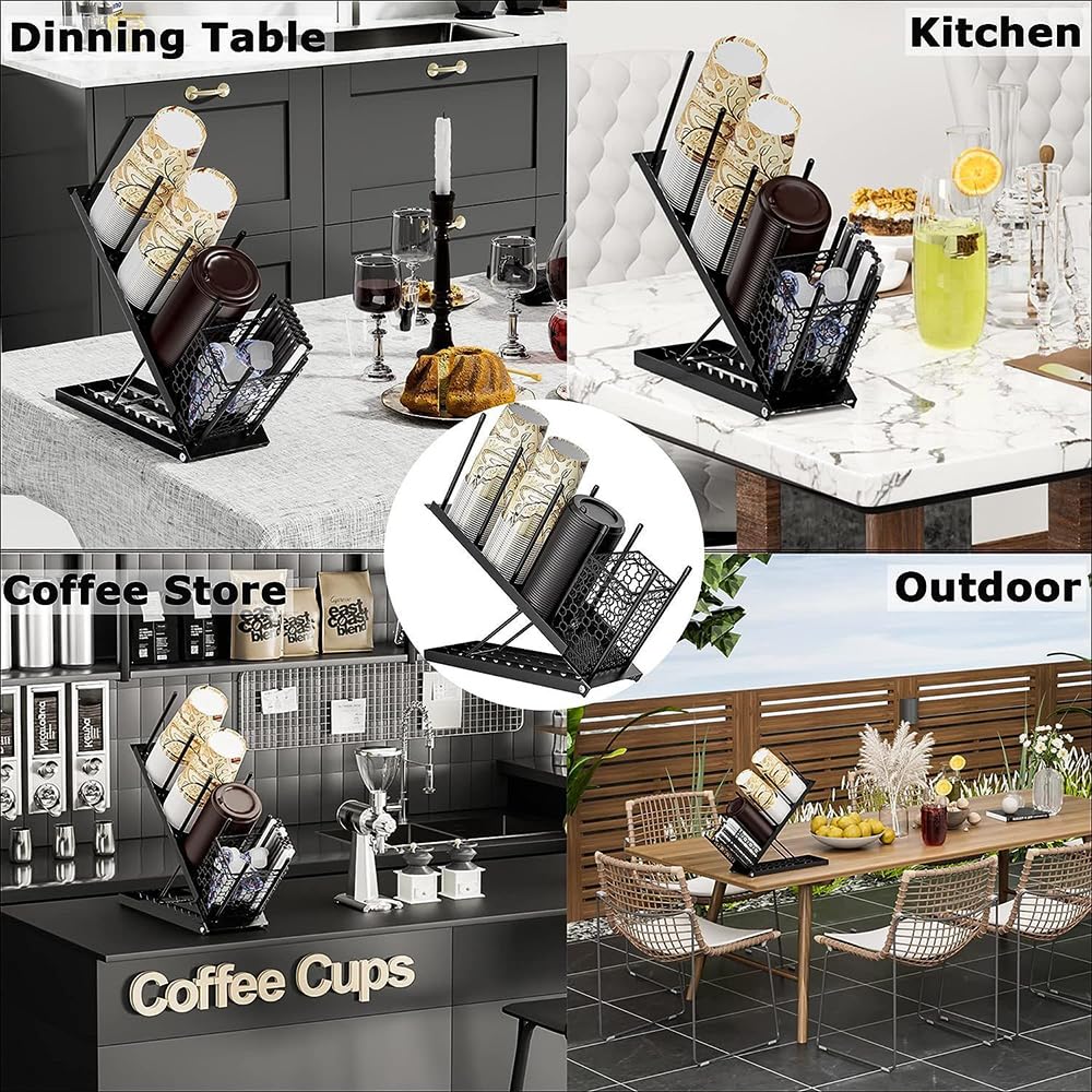 HEYOUTH Juego de 2 organizador de tazas de café desechables | Negro/Blanco con Cesta para Pajitas | 8 Alturas + 4 Niveles Extraíbles (100 Vasos) para Cafeterías y Oficinas