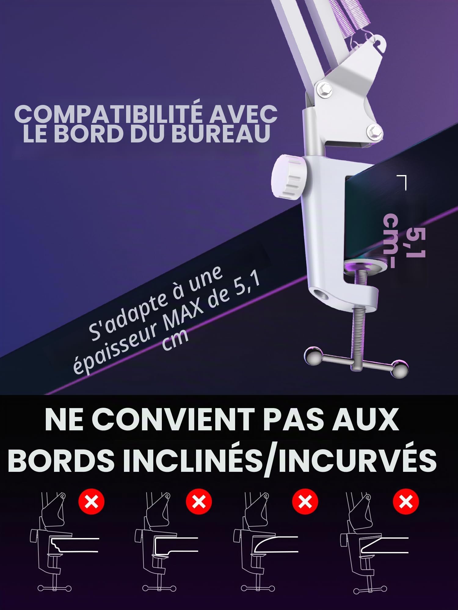 InnoGear Support à bras pour microphone avec clip pour Blue Yeti HyperX QuadCast SoloCast Snowball Fifine Shure SM7B et autres micros, taille moyenne, blanc