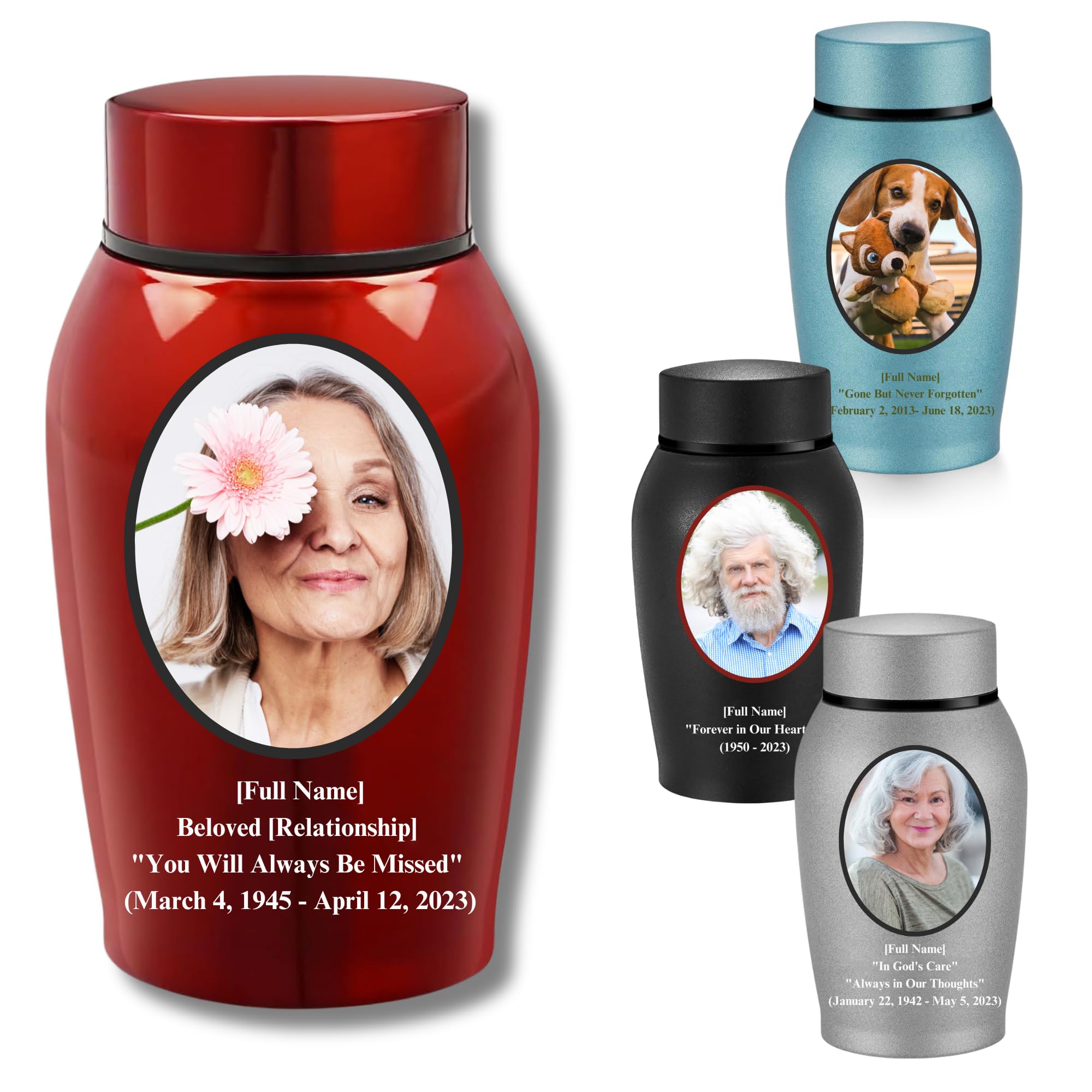 Custom Photo Personalized Small Urns for Human Ashes - Stainless Steel Keepsake Mini Urns for Memorial Cremation and Funeral (Red, Large)