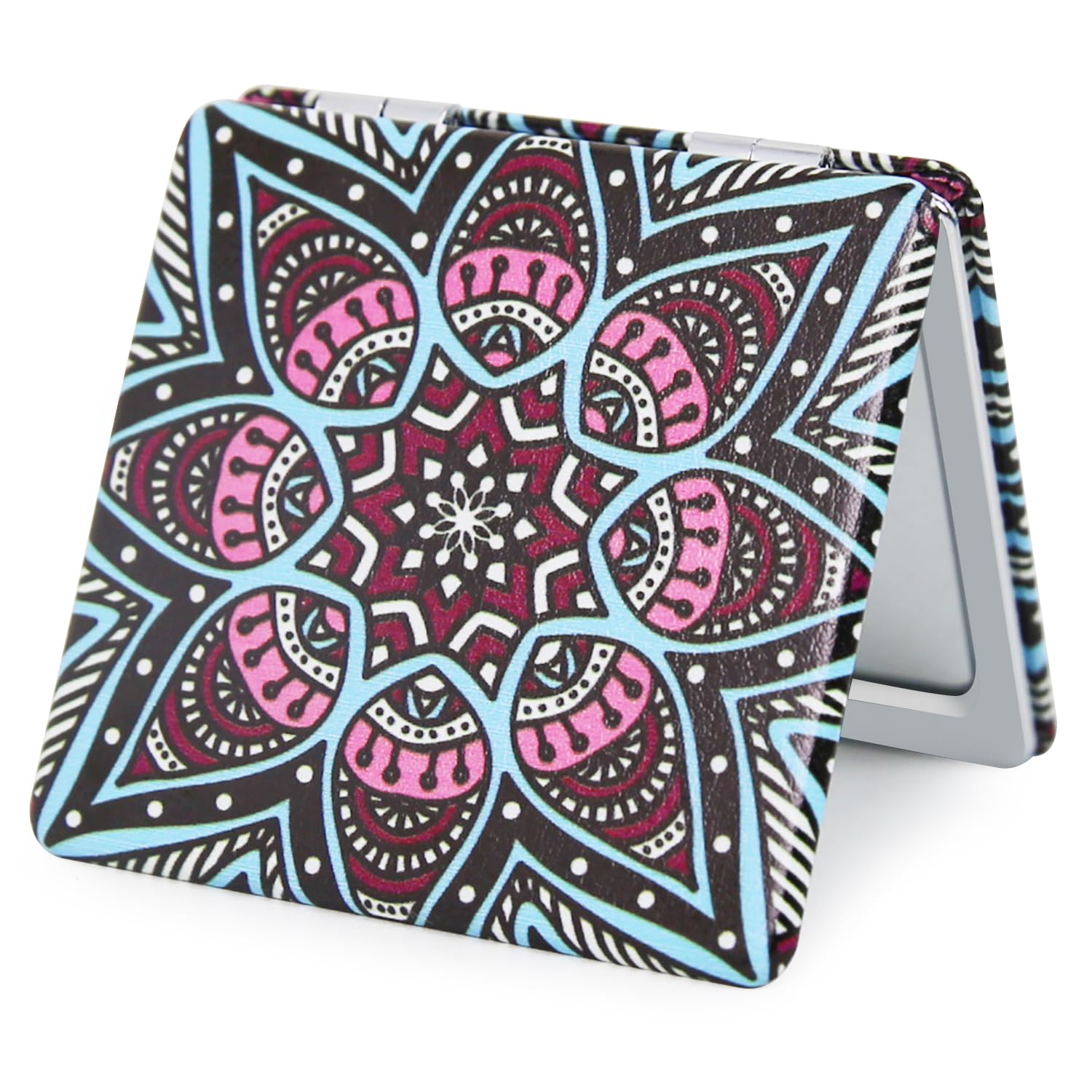 Pocket Mirror for Women, Square 2.8” Metal Frame PU Ethnic Style Double Sided Mini Magnifying 1X/3X Mirror for Purse Compact Travel Mirror (Ethnic01)