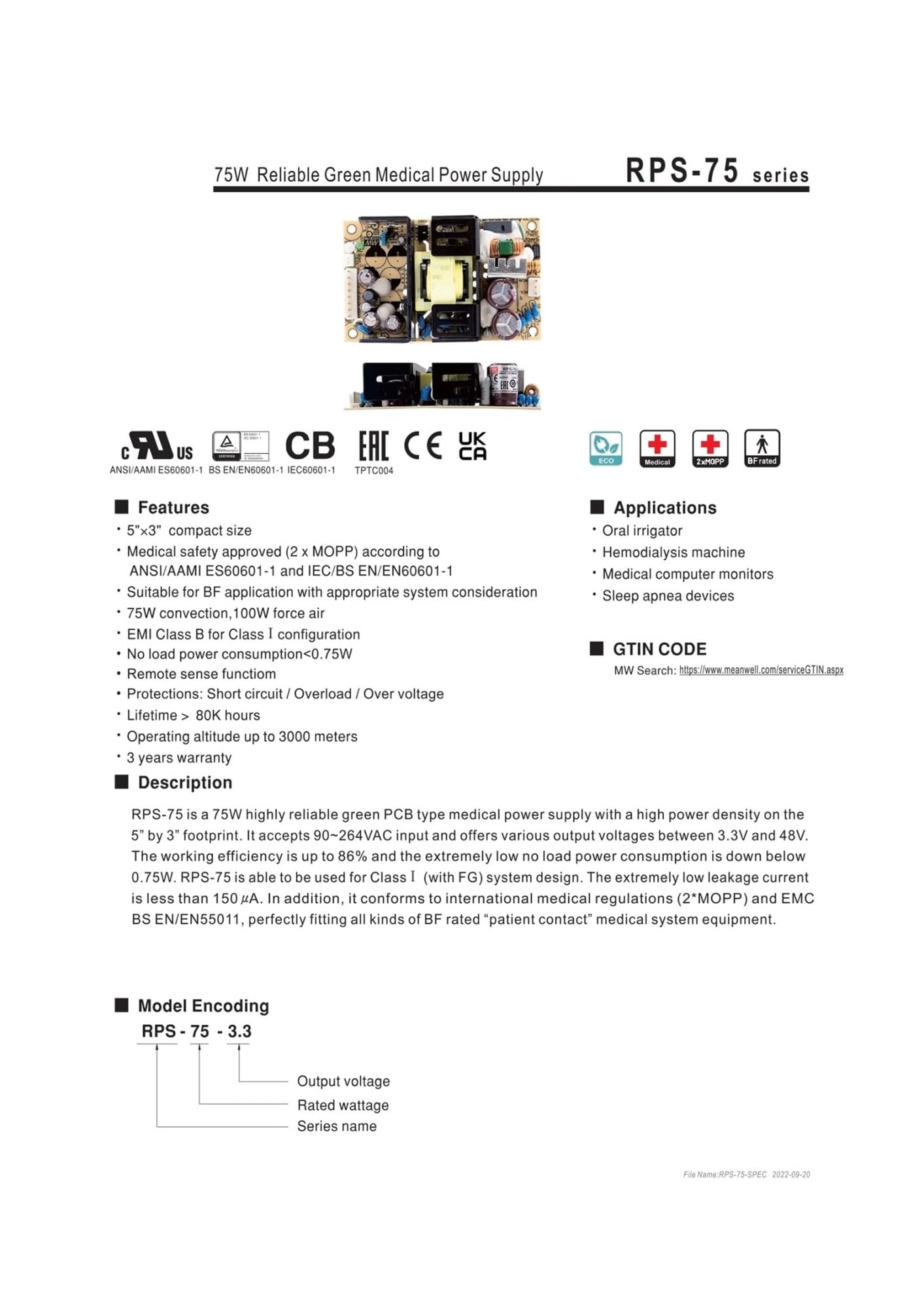 Fuente de alimentación conmutada RPS-75 de 3,3 V, 5 V, 12 V, 15 V, 24 V, 36 V, 48 V y 75 W(RPS-75-48)