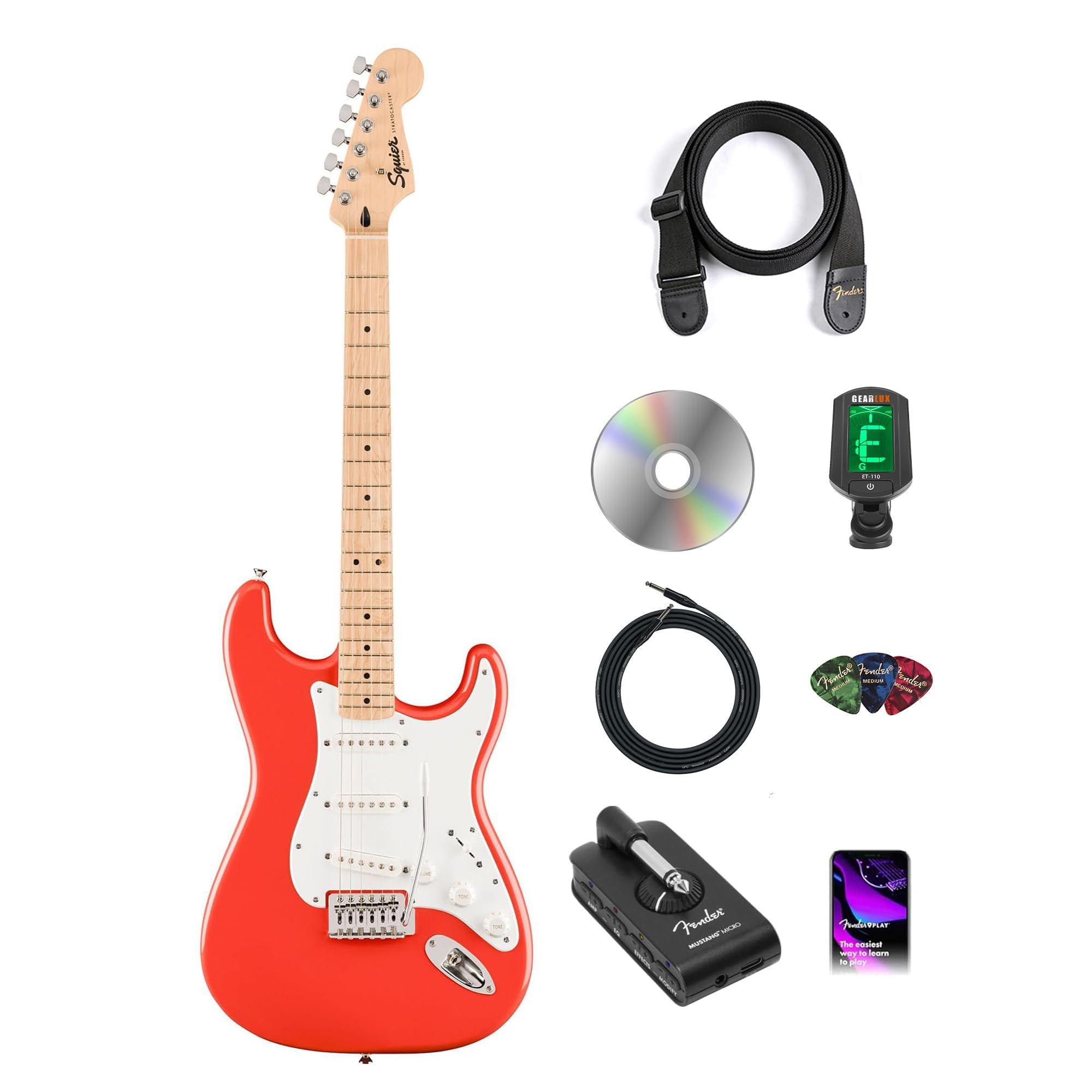Fender Squier Sonic Stratocaster - Fiesta Red Bundle with Mustang Micro Headphone Amp, Cable, Tuner, Strap, Picks, and Austin Bazaar Instructional Video