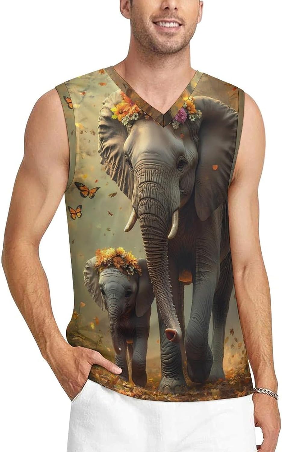 Elephants Flowers Butterfly Autumn Leaves Men's V-neck Basketball Tank Top Sleeveless Workout Tank Shirts Gym Fitness Tees Vest 4XL