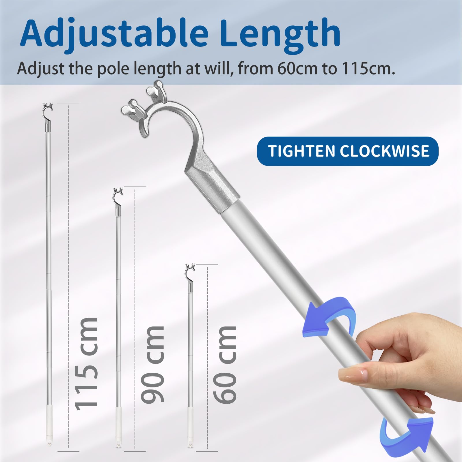 Perche avec Crochet pour Ouverture de Lucarnes - Tige 115 cm avec Crochet Argent Idéale pour Fenêtres Velux et Lucarnes Inaccessibles, Facile à Installer, Utiliser en Toute Sécurité Pratique et Stable