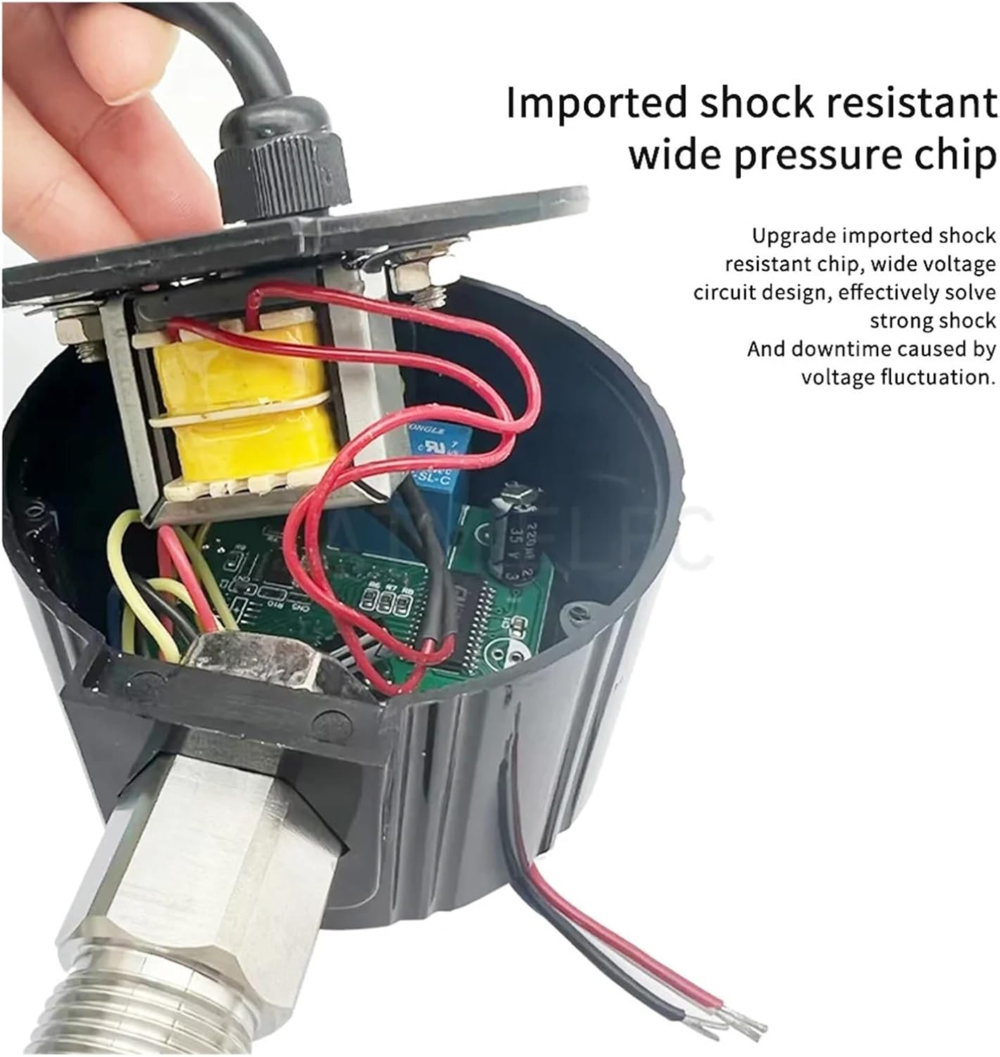 Internal view of the pressure switch showing the shock-resistant chip