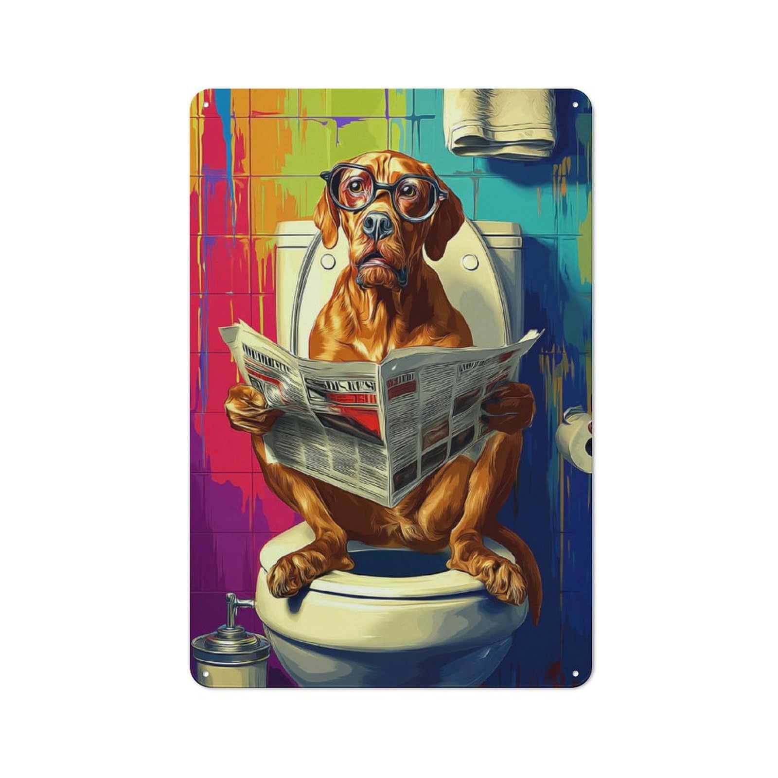 Junmoney Dog Reading Newspaper On Toilet-22 Tin Sign 30X20cm With For Living Room Wall, Rustic Decor, For Living Room Decor Lovers