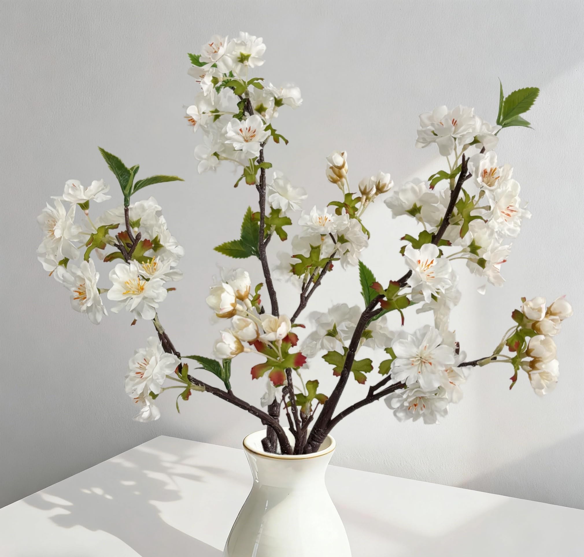 4 Pcs Artificial Flowers, Highly Realistic Fake Flowers with Leaves & Buds, White Cherry Blossom for Vase, Spring, Outdoor & Indoor Decor，Home Wedding Party Decorations