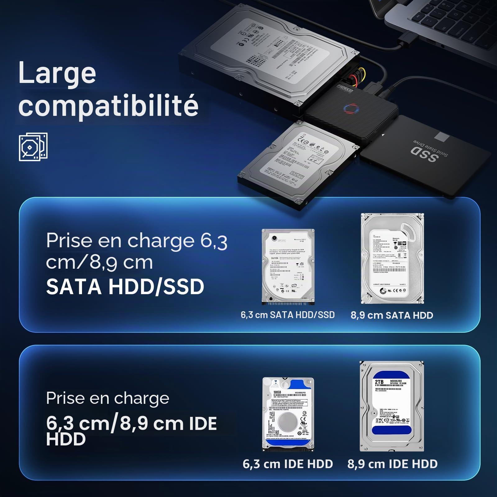 FIDECO Adaptateur USB 3.0 SATA IDE pour disques durs SSD 2,5" 3,5" avec alimentation 12 V