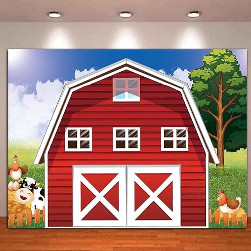 Miniatura 2 de Fondo de fotografía de dibujos animados de animales de granja de animales, fondo de fotos rústico rojo para baby shower, niños recién nacidos,