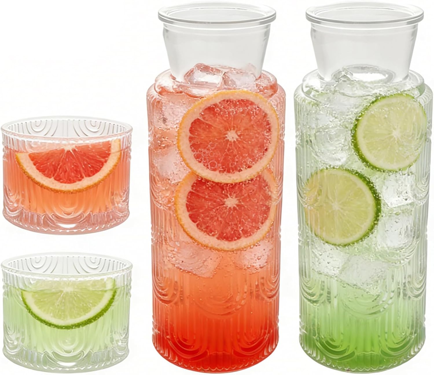 2Pcs Bedside Water Carafe with Cup, Nightstand Water Carafe and Glass Set, 22oz Glass Carafe with 6oz Tumbler Lid Set, Vintage Embossed Glass Water Pitcher Drinking Cup as Lid for Home Office Kitchen