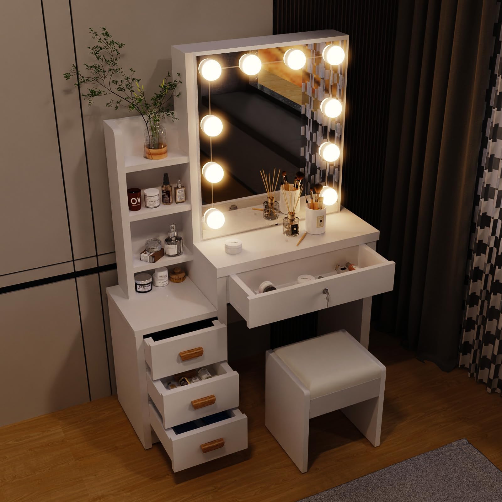 Coiffeuse Maquillage avec Miroir LED, Luminosité Réglable 3 Couleurs, Table de Maquillage avec Tabouret, 4 Tiroirs & 7 Étagères, Coiffeuse Moderne Bois Blanche pour Chambre Nouvelle Version