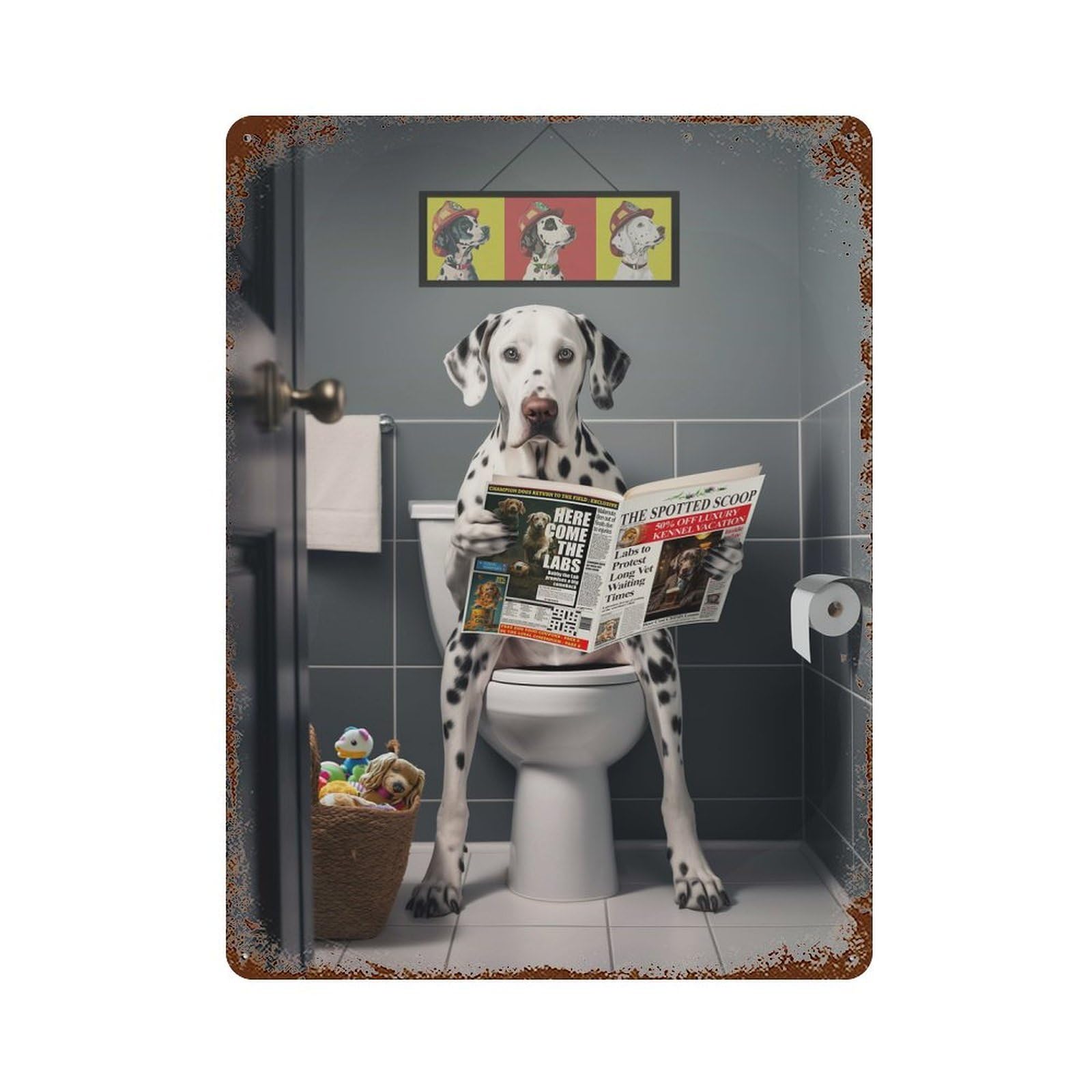 Vintage Rust Metal Sign with Dalmatian on The Toilet Design 15.7"x11.8", for Garage, Bar And Workshop Decor, Retro Wall Decor