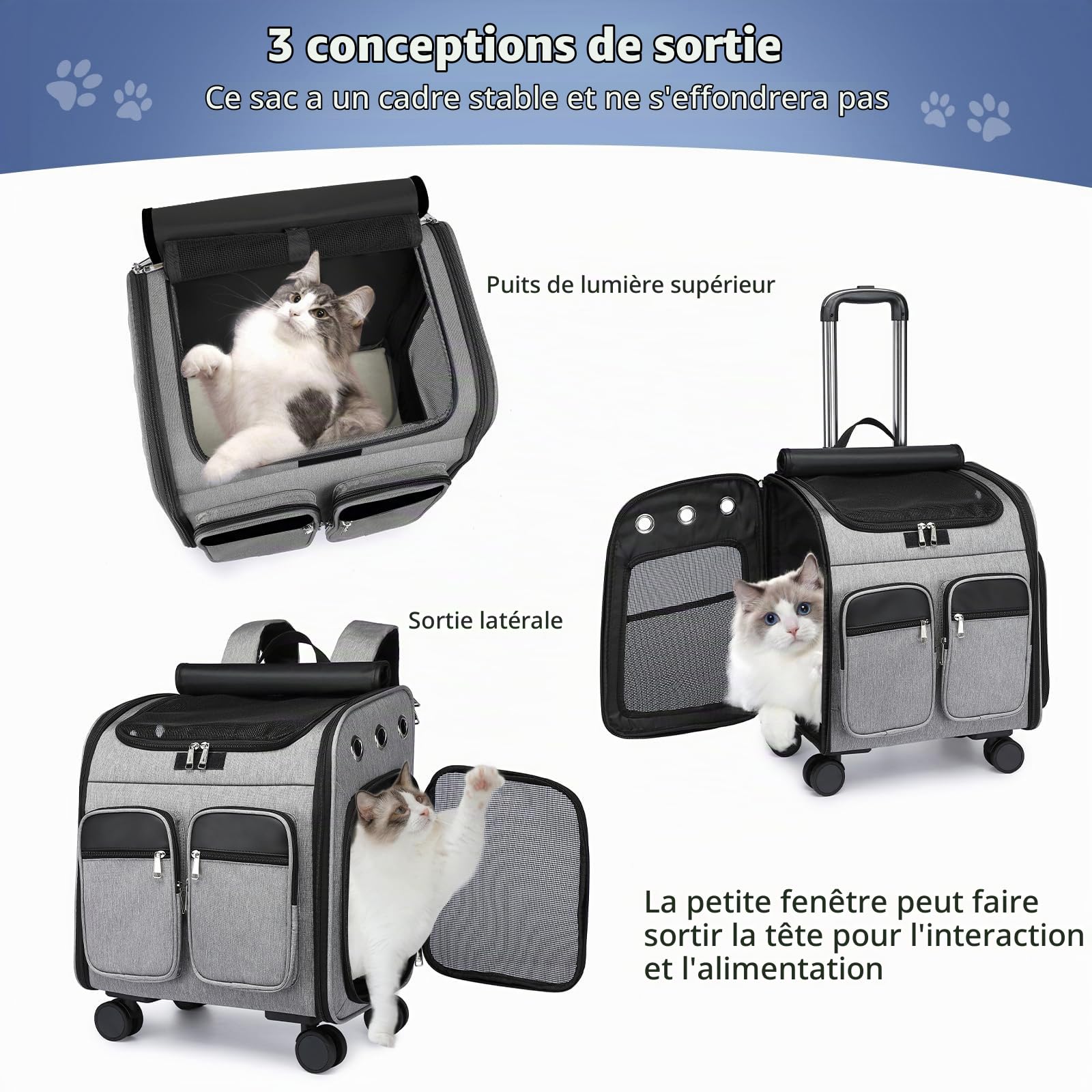 PETCUTE Sac à Dos de Transport pour Chat avec Roues,Respirant Sac à roulettes pour Chat Chien 11 kg,Pliable Sac de Transport Chats avec Poches Rangement,Tapis Amovible,Poussettes pour Chat/Chiens