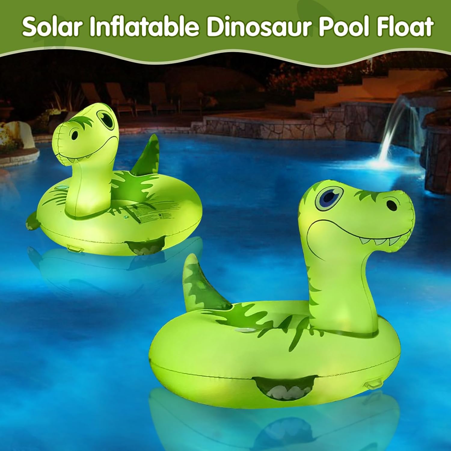 Inflatable Pool Floats Adult with Solar LED Light Up Dinosaur Adult Pool Floating Tube 43/85 inch Large Pool Floats for Adults Raft Lounge, Solar Pool Floaties for Lake