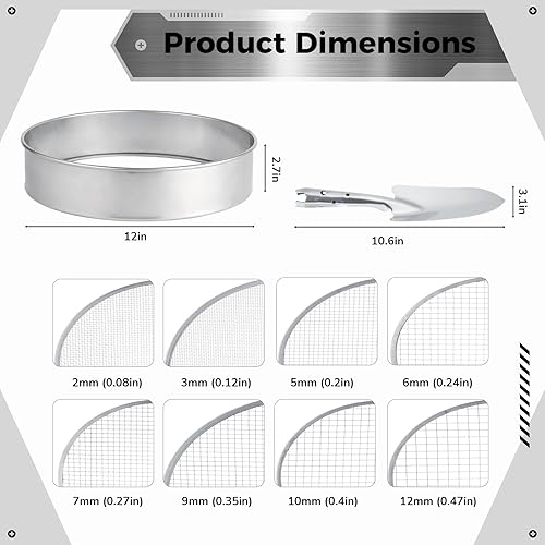 Miniatura 5 de Juego de 10 tamices de tierra, tamiz de tierra para macetas de jardín, tamiz de acertijo de acero inoxidable de 12 pulgadas, tamiz de suelo de malla