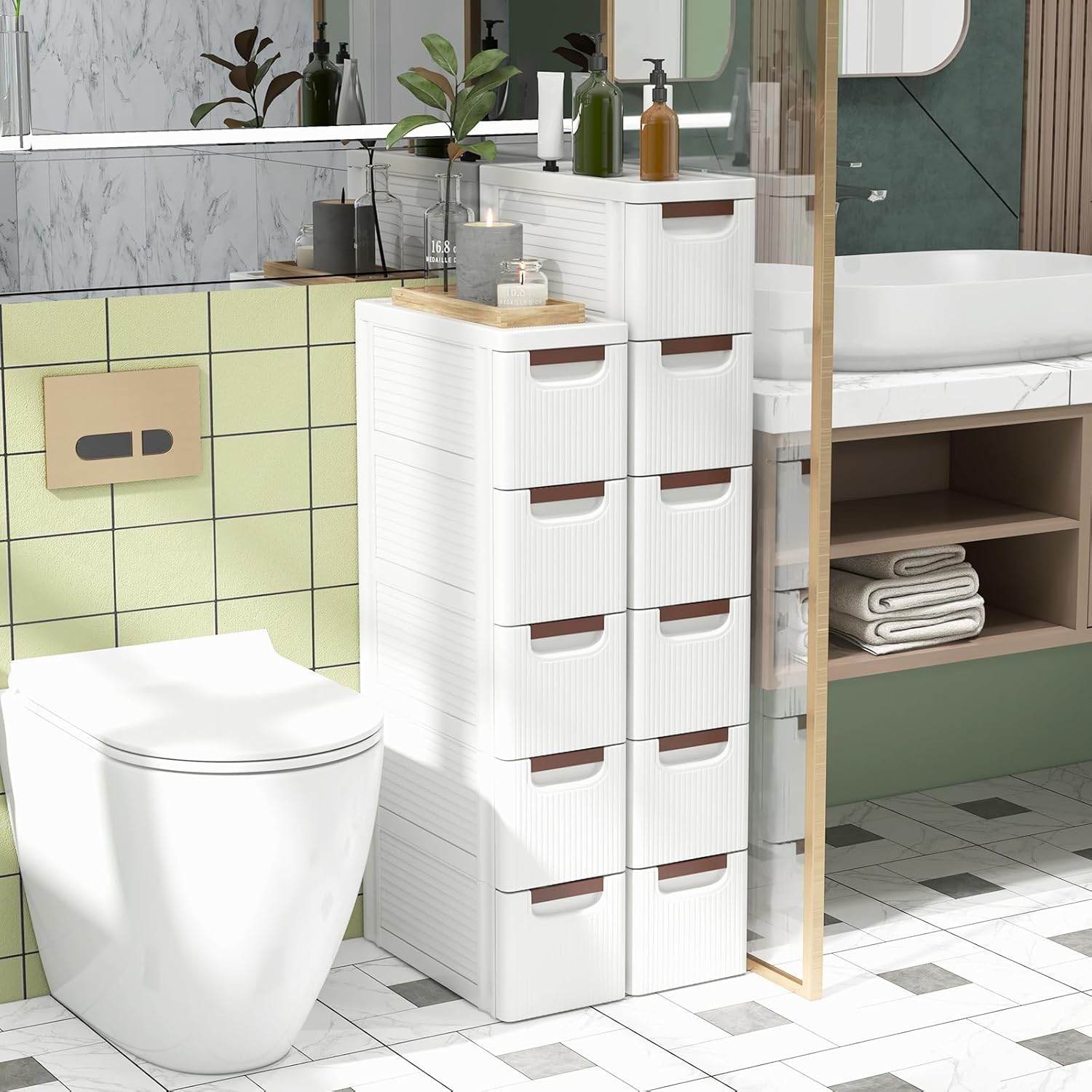 Slim Rolling Storage Drawers, Plastic Organizers with Hidden Wheels for School Supplies, Crafts, Files & Towels, Under-Table Cart for Dorm, Home & Office (5 Drawers, 7.5" x 16.5" x 36")