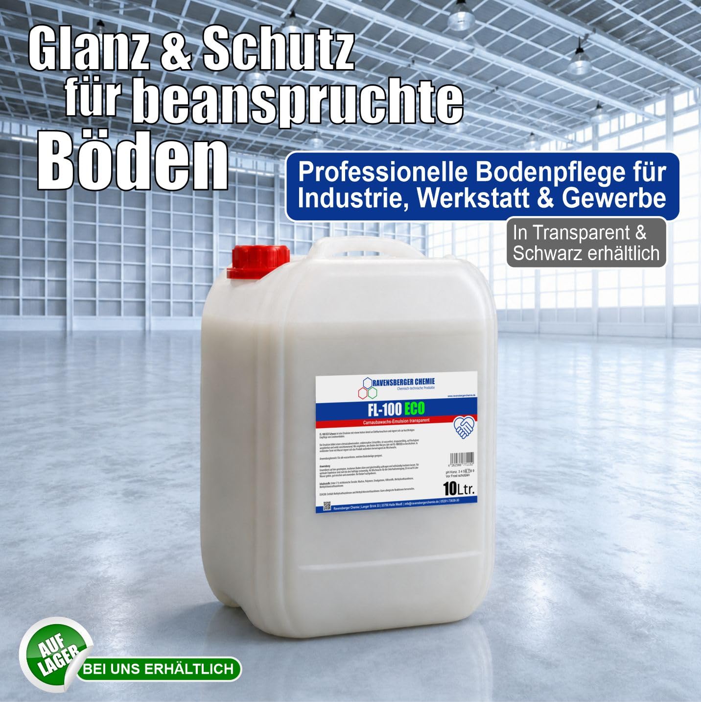 FL-100 ECO Carnaubawachs Emulsion 10 L – wässrige Wachsemulsion zur Bodenpflege, Auffrischung & Pflege geeigneter Industrie-, Werkstatt- & Gewerbeböden (Transparent)