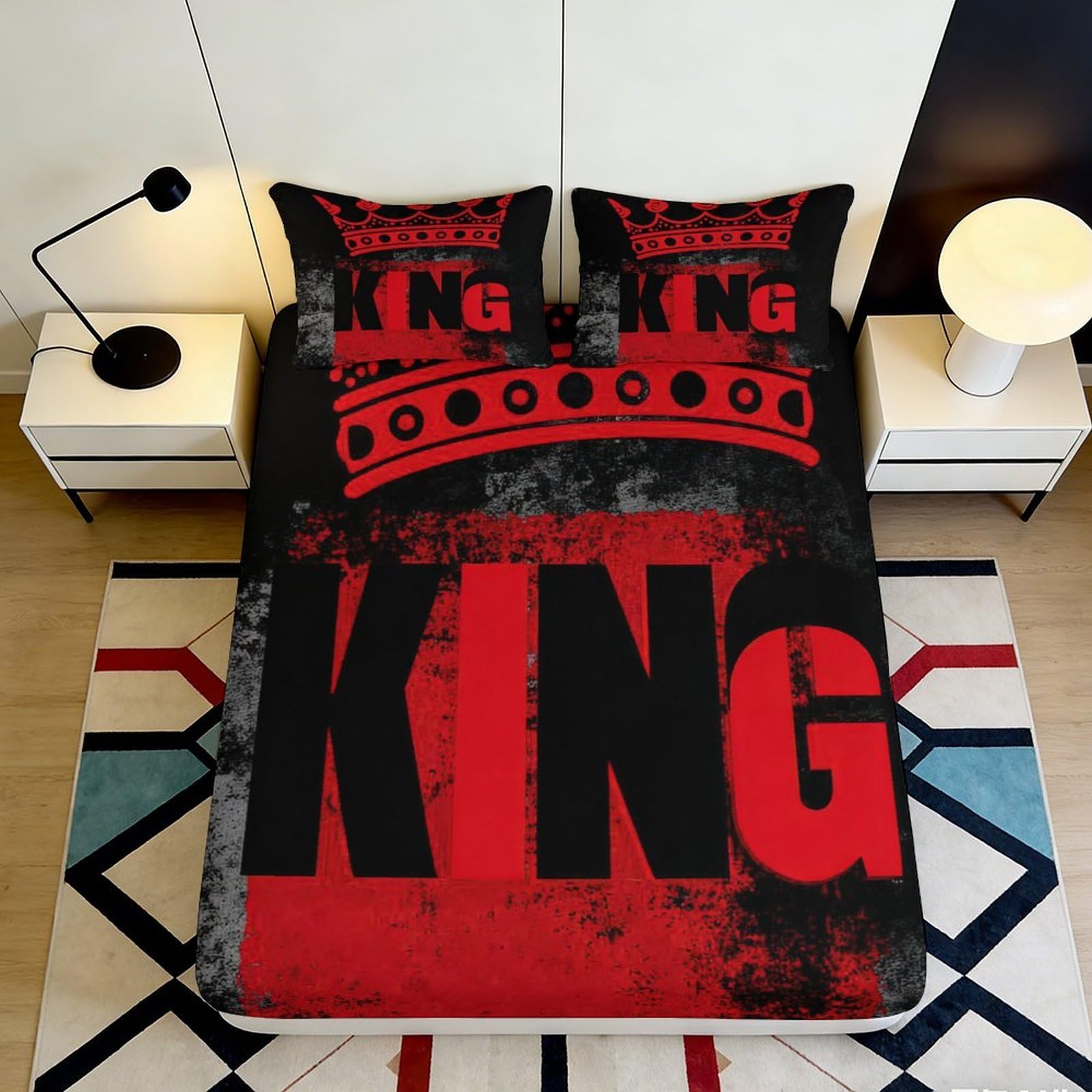 Zfldkwgb Style-8 3D Printed Crown King Fitted Sheet Microfiber Soft Black Red Bed Sheet For Bedroom Guestroom Dorm Decor 90X200x25cm