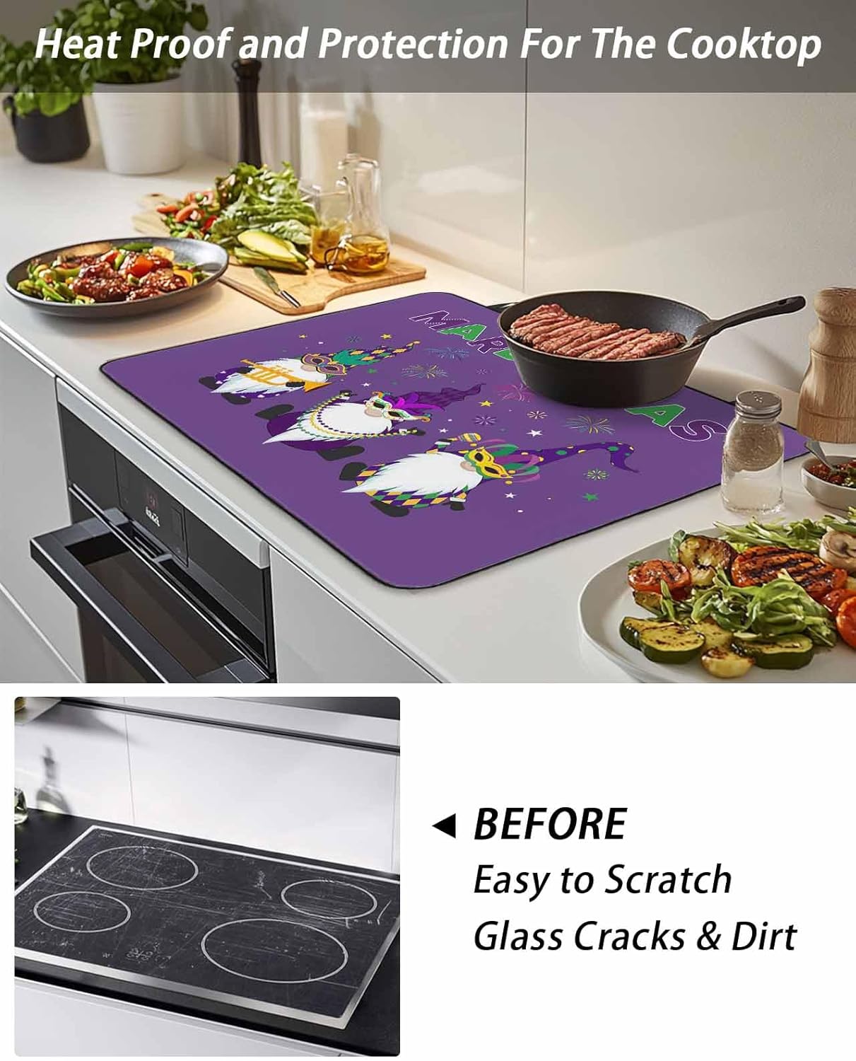 Mardi Gras Stove Top Cover for Electric Stove Carnival Gnome Mask Deep Purple Theme Heat Insulation Stove Mat for Glass Top Flat Cooktop Countertop Protector Dish Drying Mat 24"x21"