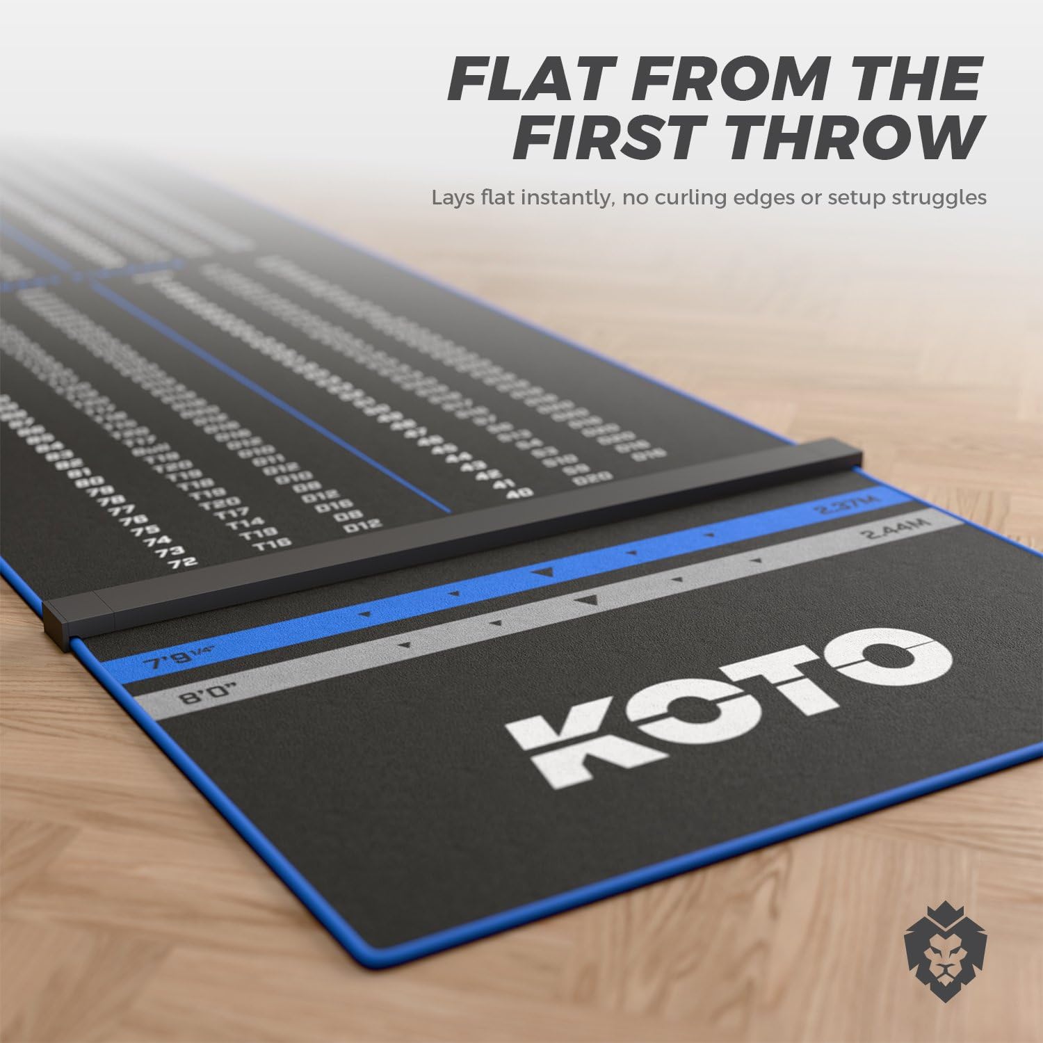 KOTO - Tapis de Fléchettes Checkout Oche Bleu 285 x 80 cm + Oche INCL. Indicateur de Score, Antidérapant, Tapis Flechette Sol