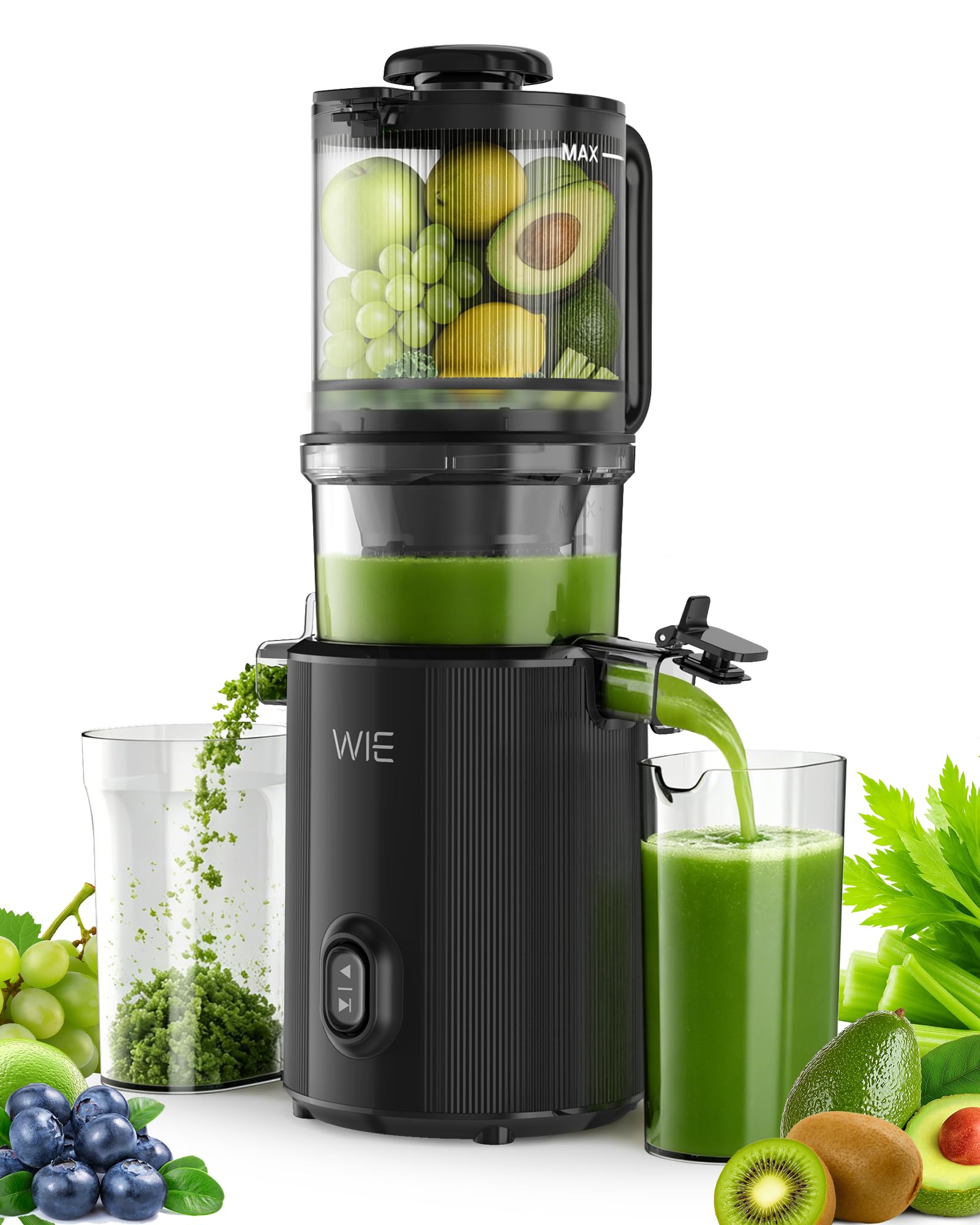 WIE Extractor de Zumos y Verduras, 300W Licuadora Prensado en Frío | Slow Juicer Machine con Boca XL 135mm, Capacidad 2,2 L para Frutas y Verduras Enteras, Fácil Montaje y Limpieza, Sin BPA