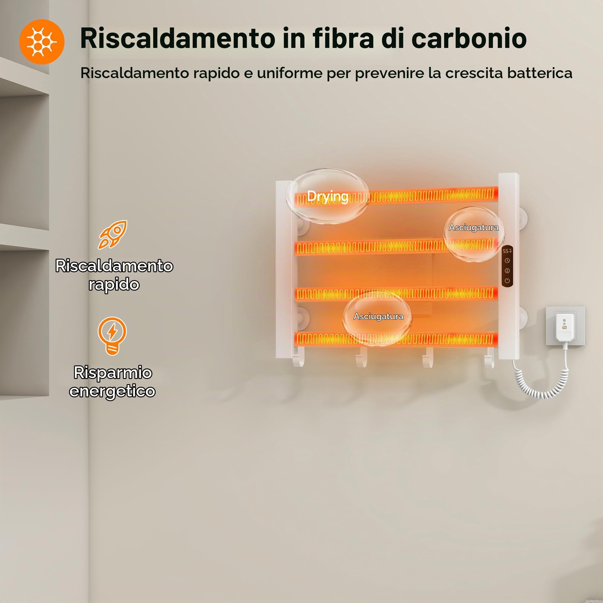 Portasciugamani Elettrico 550x350mm Scaldasalviette Radiatore da Bagno Elettrico Portasciugamani intelligente, IP24 Impermeabile, Temperatura regolabile 30-70℃, Temporizzazione 1-9 ore-White Right