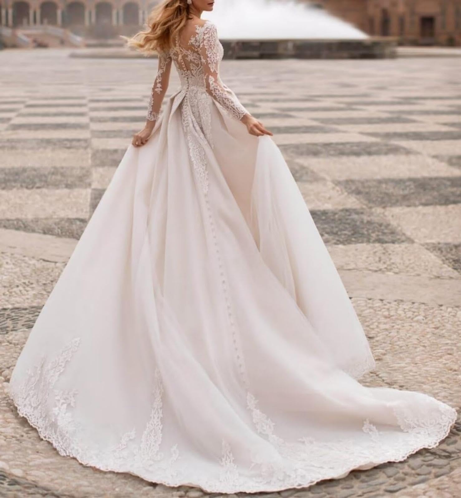HUINI Hochzeitskleider für die Braut mit Schleppe Spitzen Langarm Tüll A-Linien Falten Brautkleider mit Taschen