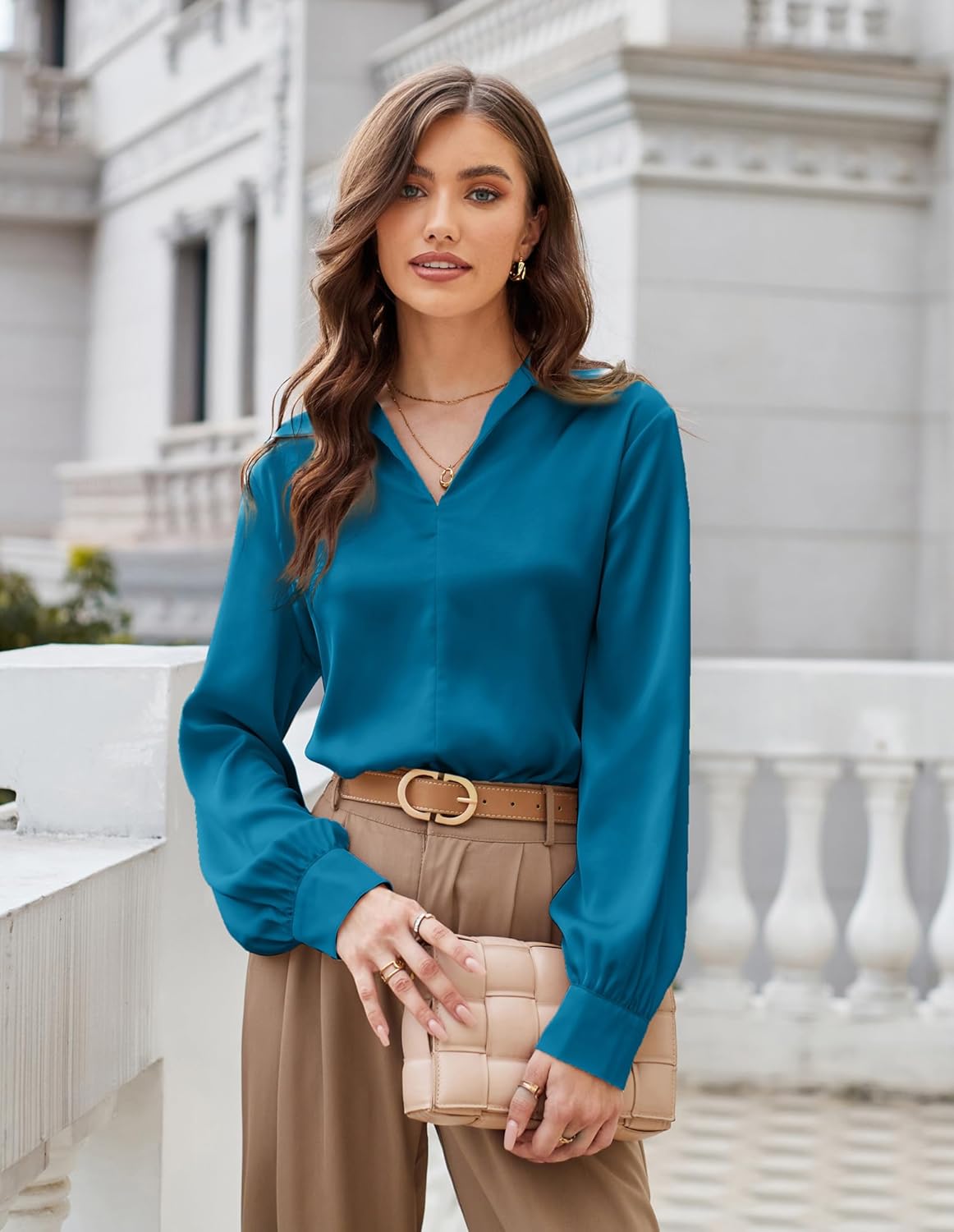 GRACE KARIN Business Casual Tops for Women Satin Silk Blouse Collared V Neck Long Sleeve Work Shirts Dressy Tops Fall Clothes - Image 2