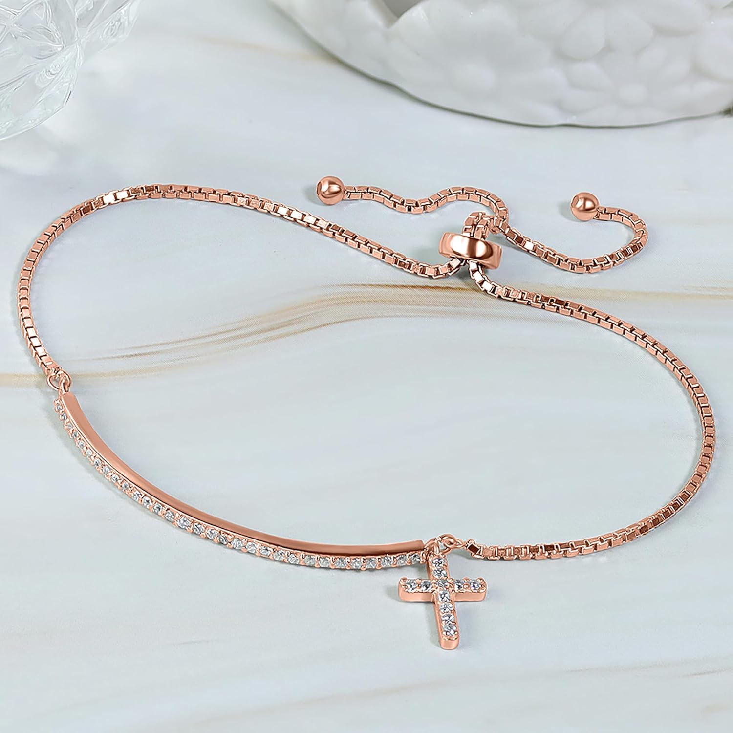 Hoops & Loops Sterling Silver Cubic Zirconia Cross & Bar Adjustable Pullstring Bracelet