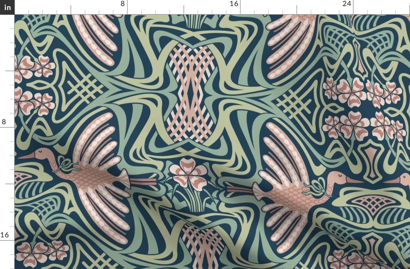 Spoonflower Fabric - Art Nouveau Crane Green Pink Deco Mint Mauve Emerald Large Scale Printed on Organic Cotton Sateen Fabric by The Yard - Sewing Quilting Apparel Home Decor