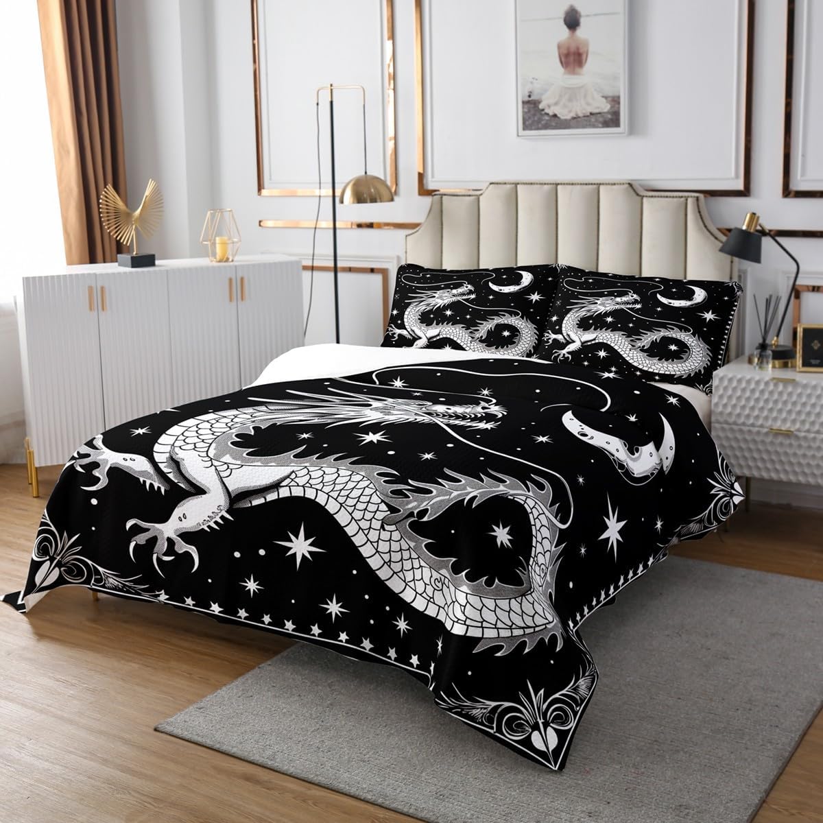 Feelyou Dragon Bedspread Chinese Dragon Bedspread for Kids Boys Girls Boho Moon Galaxy Dragon Coverlet Set Black White Quilted Bedroom Collection 2Pcs Twin Size