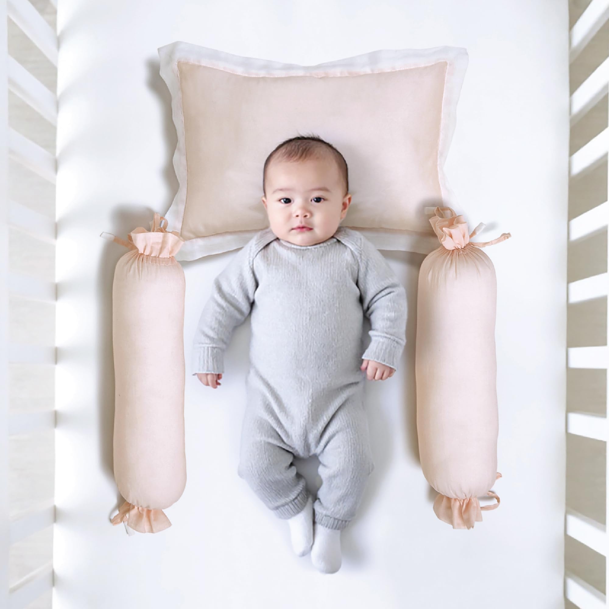 The White Cradle Cot Pillow + 2 Bolsters Set with Fillers - Organic Cotton Fabric, Protective Comfort, Softest Fiber Filling - Solid Pink