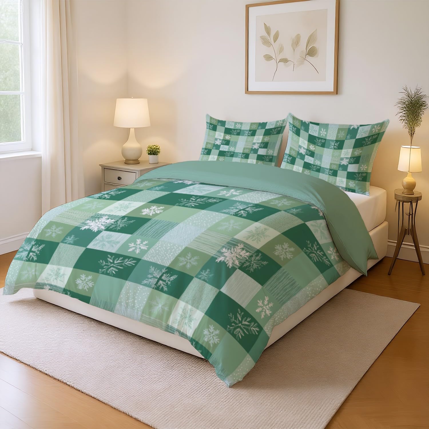 Generico Set Copripiumino Matrimoniale 220 x 240 CM 3 Pezzi Include 2 federe 80 x 80 CM Fresco quadretti fiocco di neve Set di Biancheria da Letto in Microfibra Traspirante e Caldo-Verde