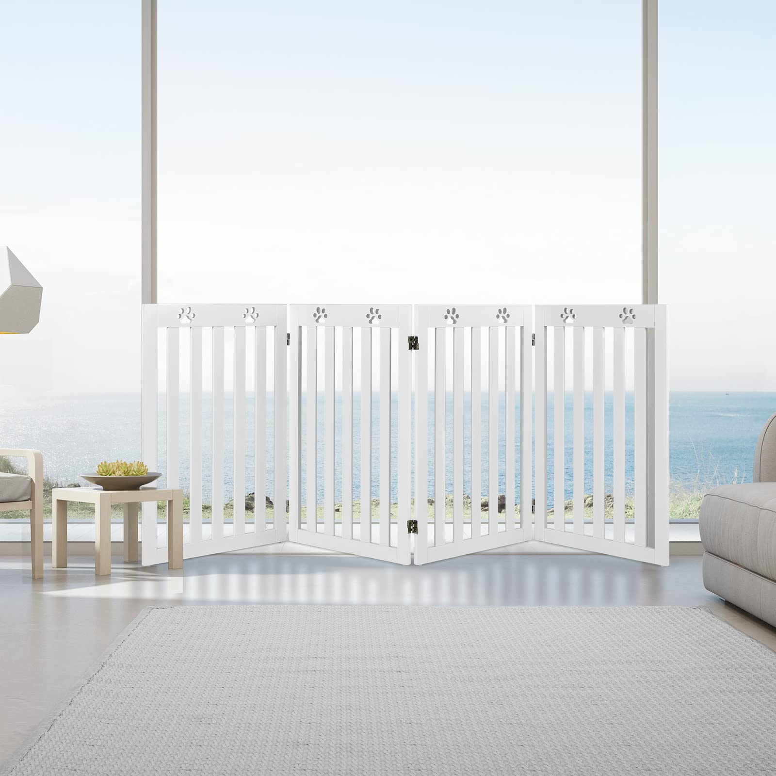COSTWAY Cerca de Madera para Mascotas, Cerca Plegable para Perros con Bisagras Flexibles a 360° y 4 Paneles, Valla Interna 89,5 cm para Mascotas para Casa Escalera (Blanco, 4 Paneles)