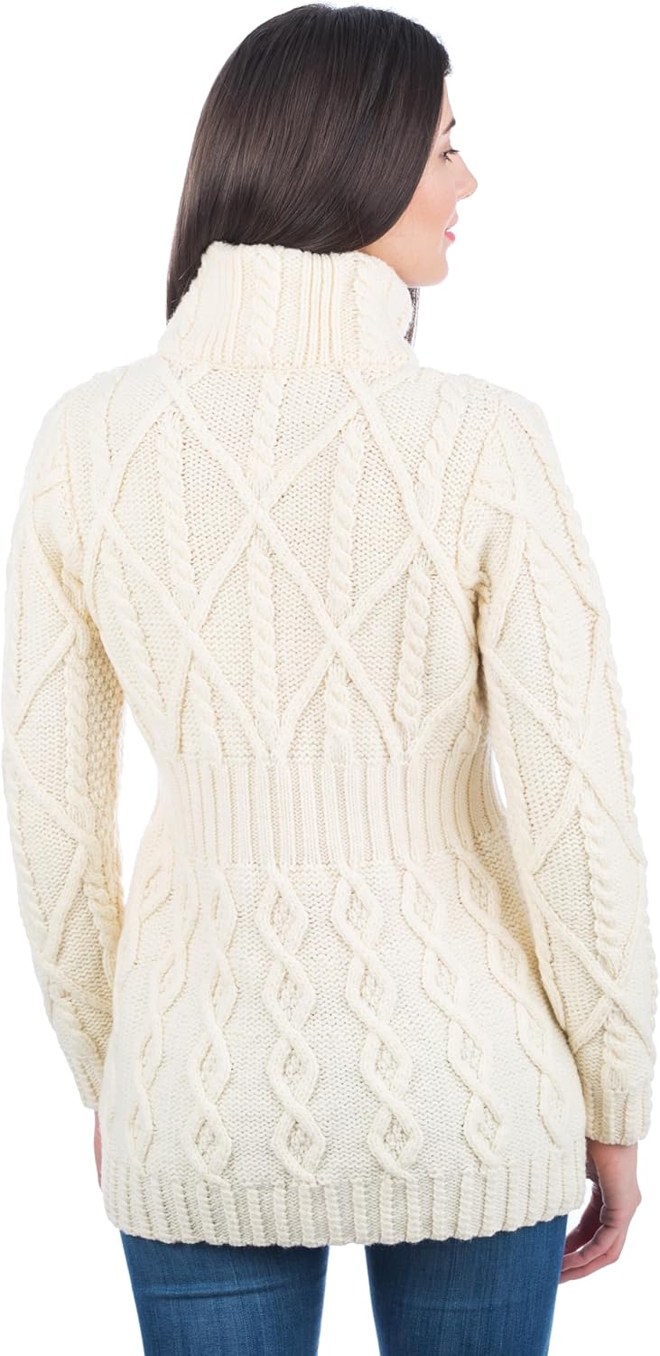 SAOL - 100% Merino Wool Ladies Cable Knit Cardigan Full Zip Irish Coat