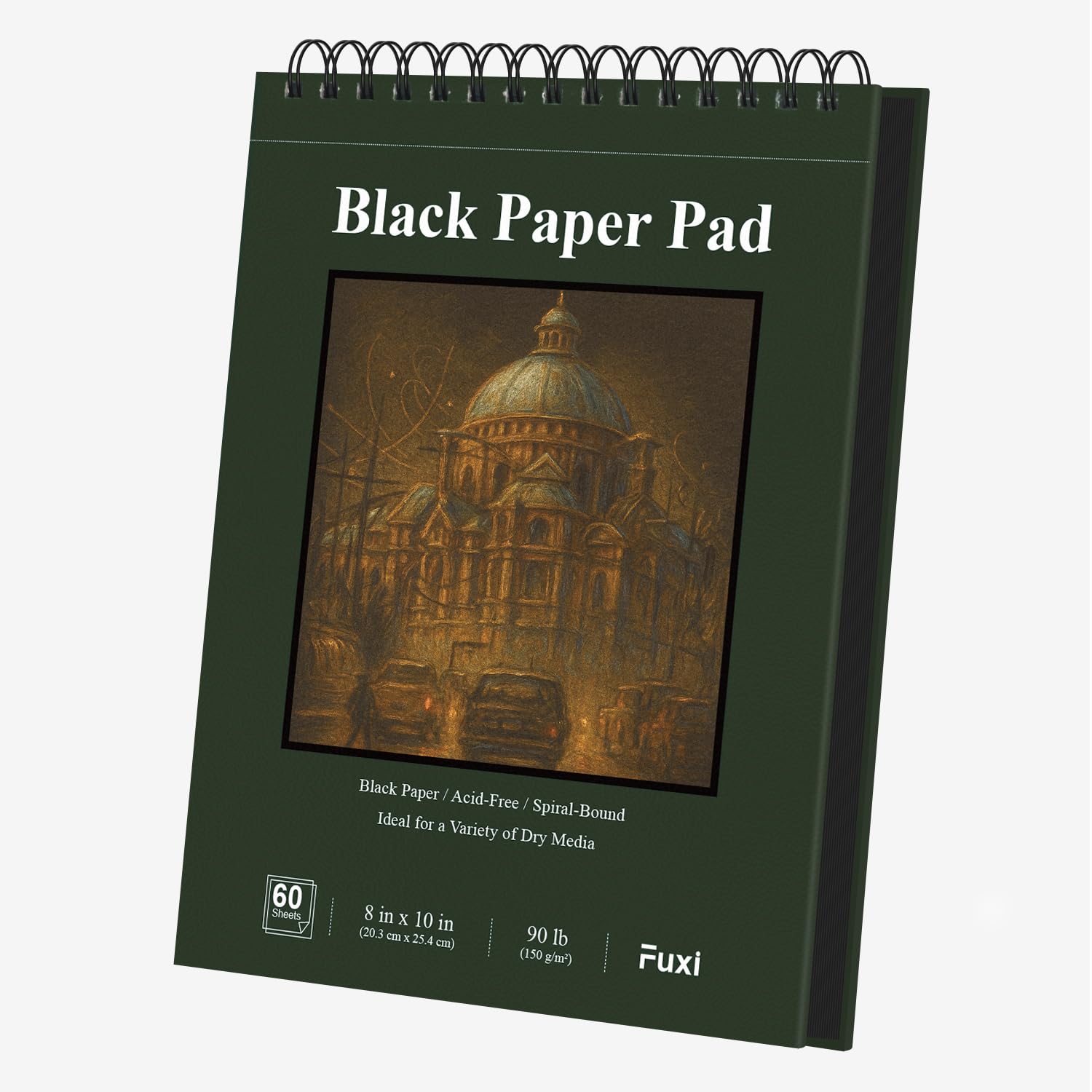 Fuxi Blocco da disegno in carta nera, 20,3 x 25,4 cm, 60 fogli (40,8 kg/150 g/m²), copertina rigida su entrambi i lati, rilegatura a spirale, forniture artistiche ideali per adolescenti, regali per